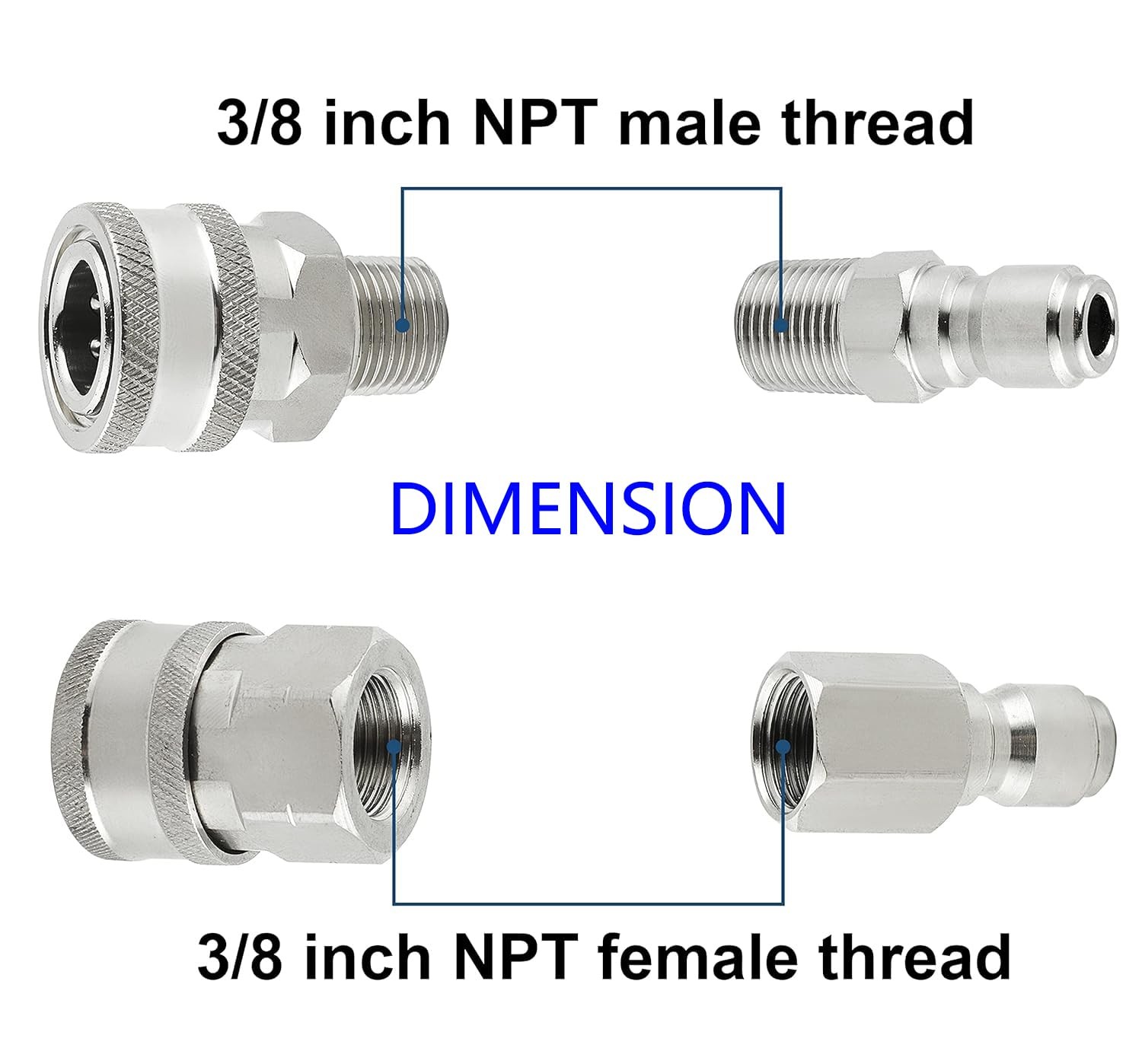 4 PCS 3/8 Quick Connect Fittings Pressure Washer Kit Stainless Steel Adapter