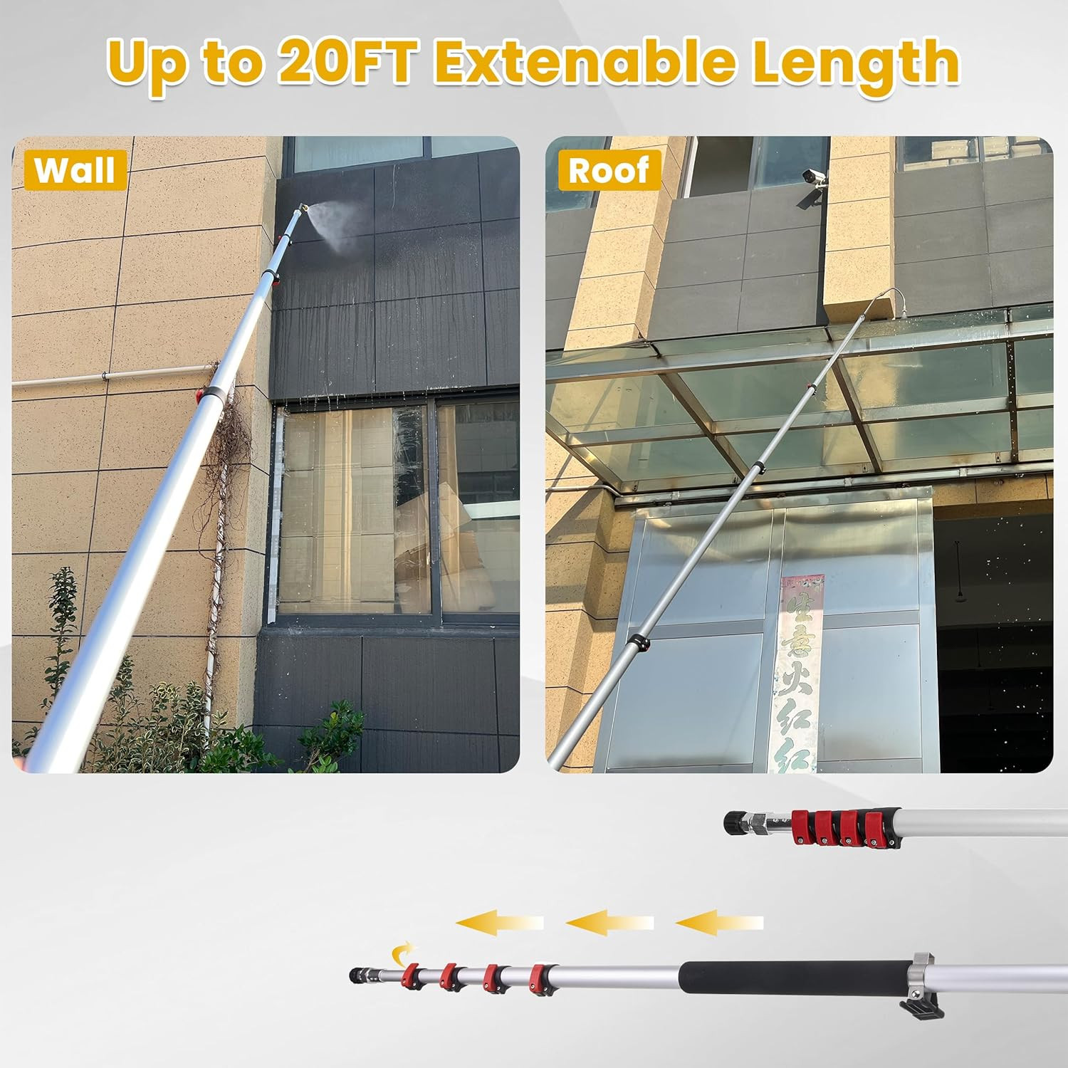 20 FT Telescoping Pressure Washer Wand with Gutter Cleaner, Brush Head, 5 Nozzle