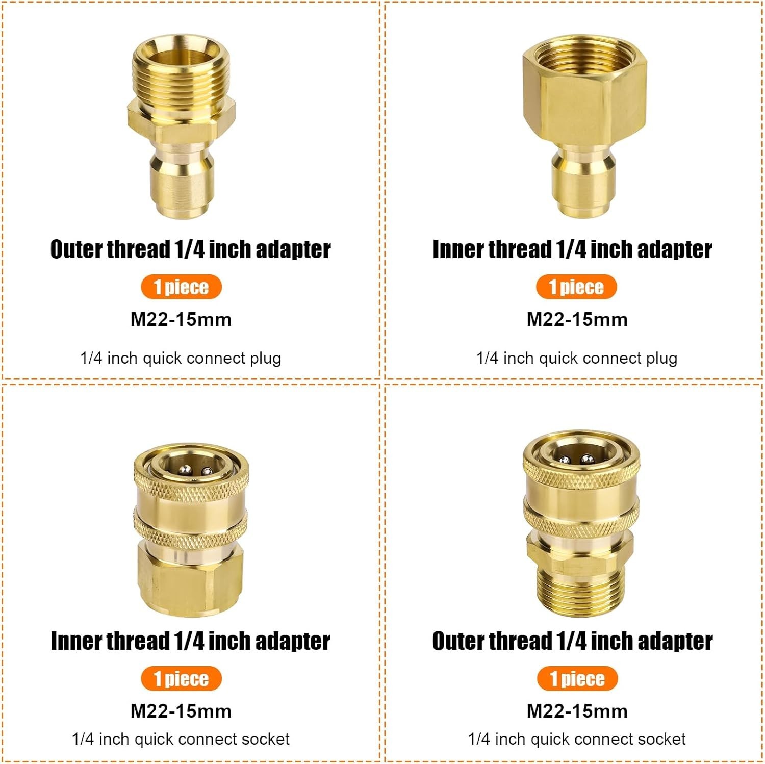 4PCS M22-15mm to 1/4″ Pressure Washer Adapter Quick Connect Kit 5000 PSI