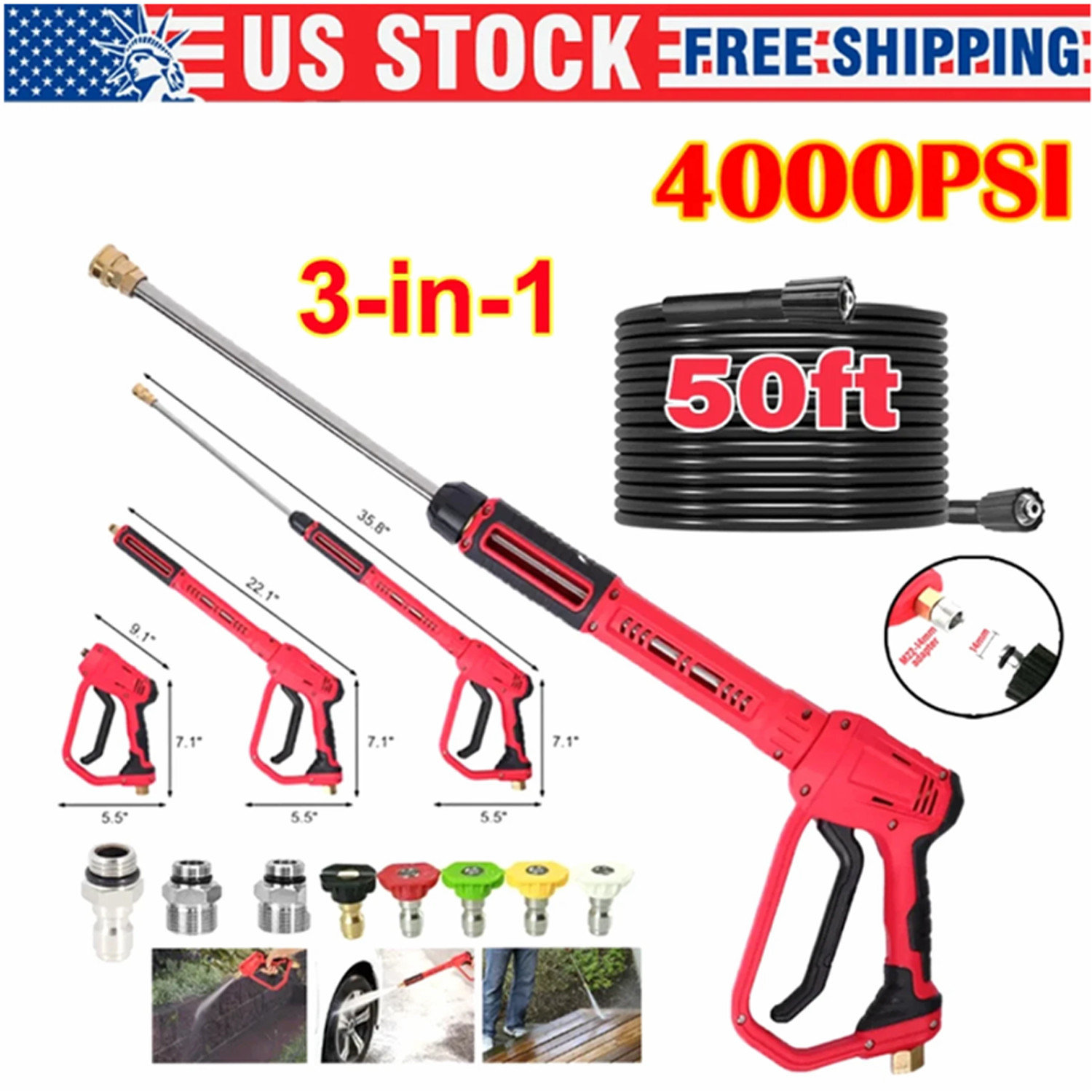 High Pressure 4000PSI Car Power Washer Gun Lance Nozzle and 50FT Hose Kit M22