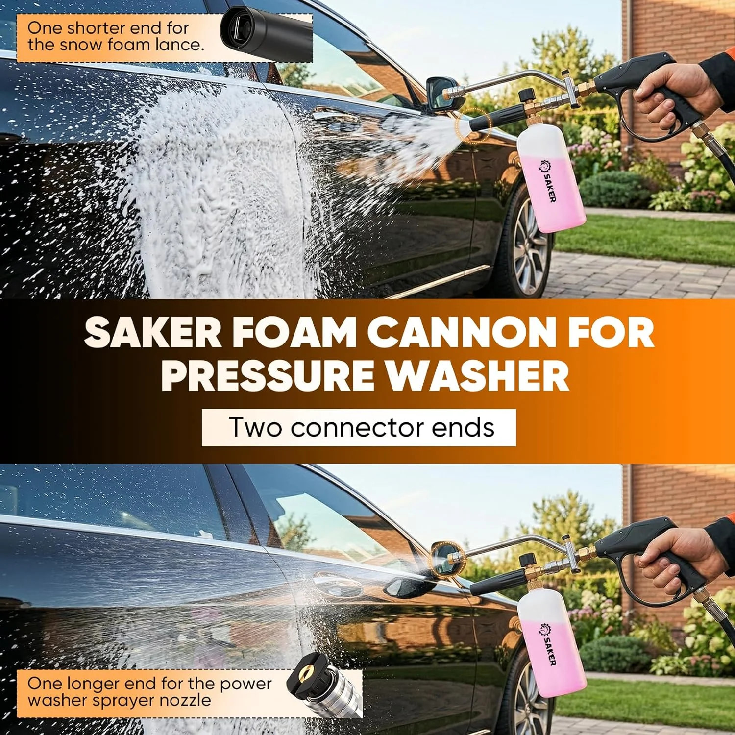Saker Foam Cannon Dual Connector Accessory for Pressure Washer Kit,with Dual-Pur