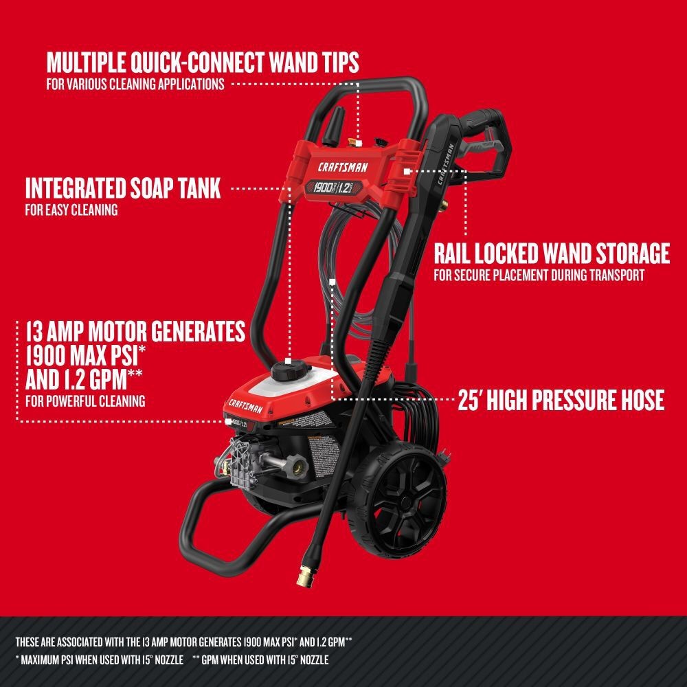 Craftsman 1900 Psi 1.2 Gpm Electric Cold Water Pressure Washer With 3 Spray