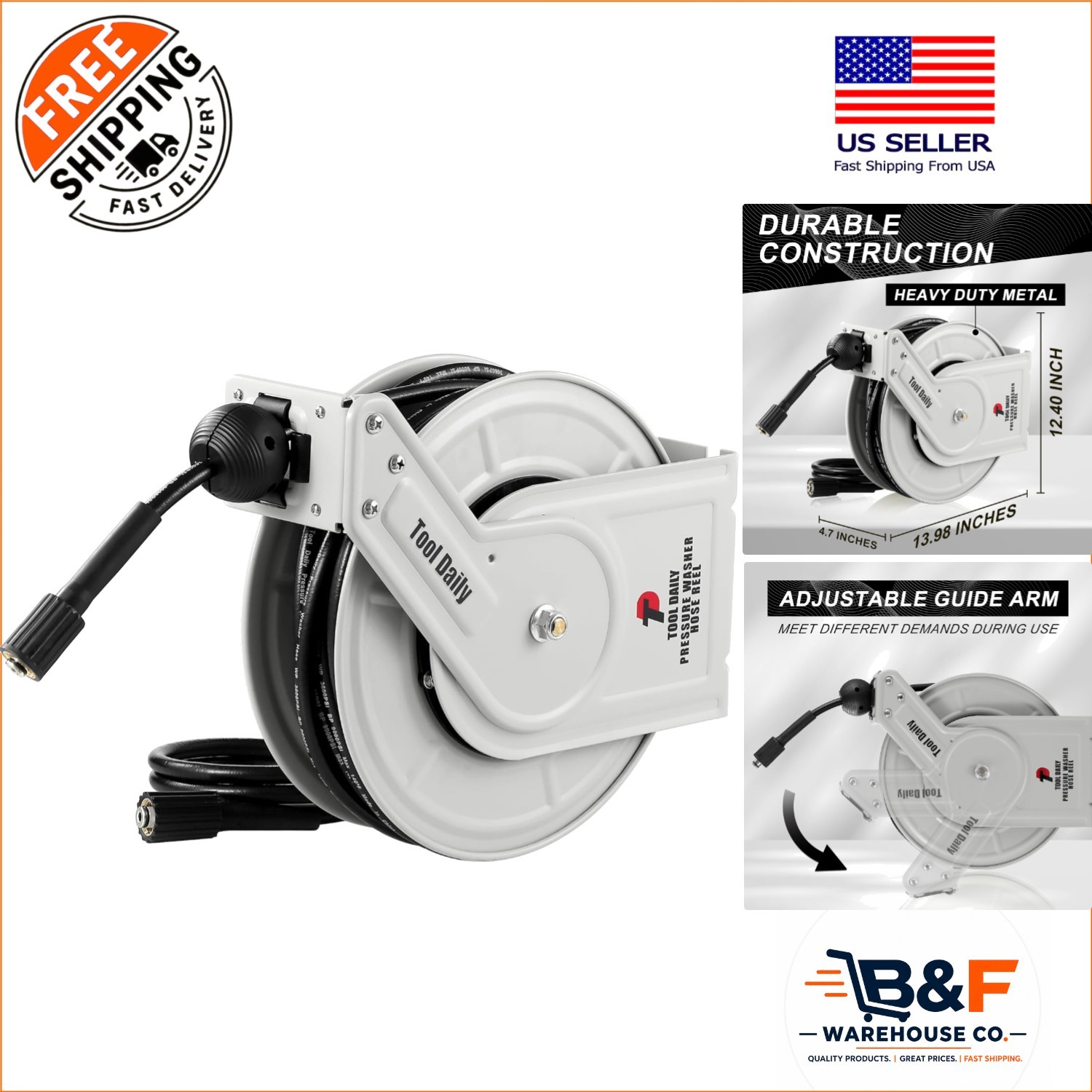 Auto-Rewinding Pressure Washer Hose Reel 60 FT, Heavy-Duty & Reliable