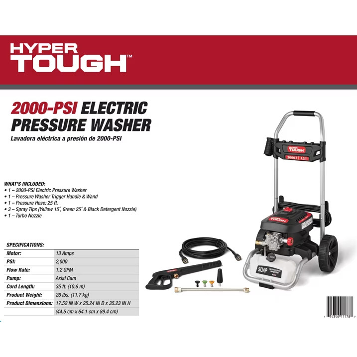Hyper Tough Electric Pressure Washer, 2000 PSI, 1.2 GPM, 1800W Motor, Cold