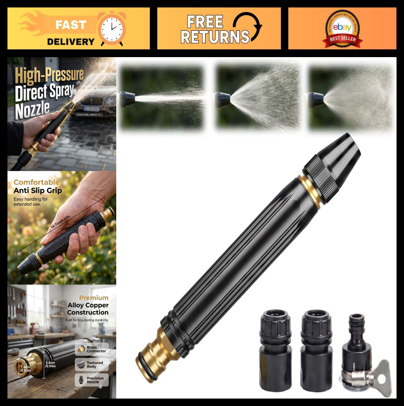 High Pressure Washer Nozzle Set – 3 Spray Modes, Multi-Function Water Sprayer fo