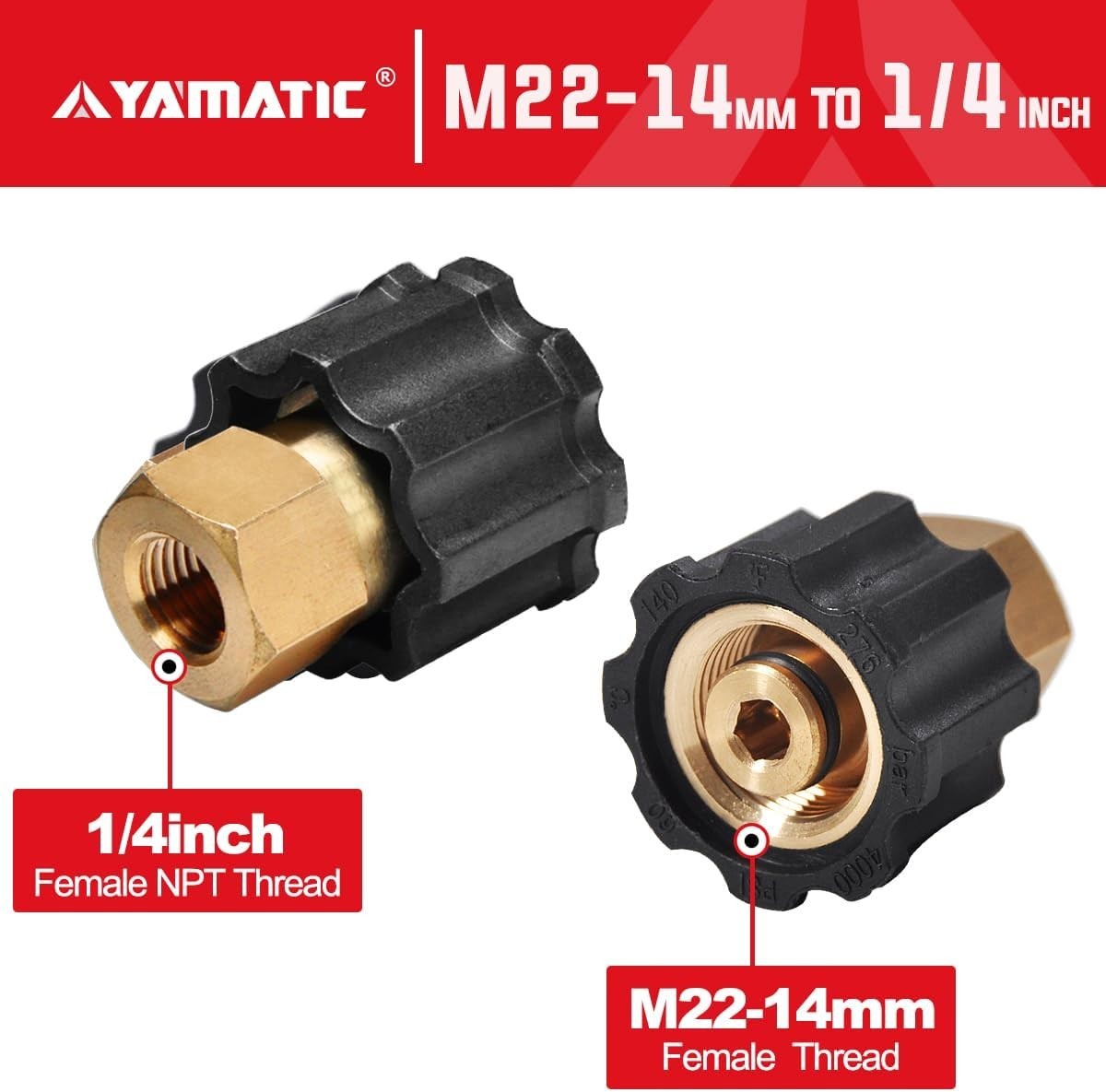 Power Washer Adapter, M22-14mm to 1/4″ NPT, Brass Connector