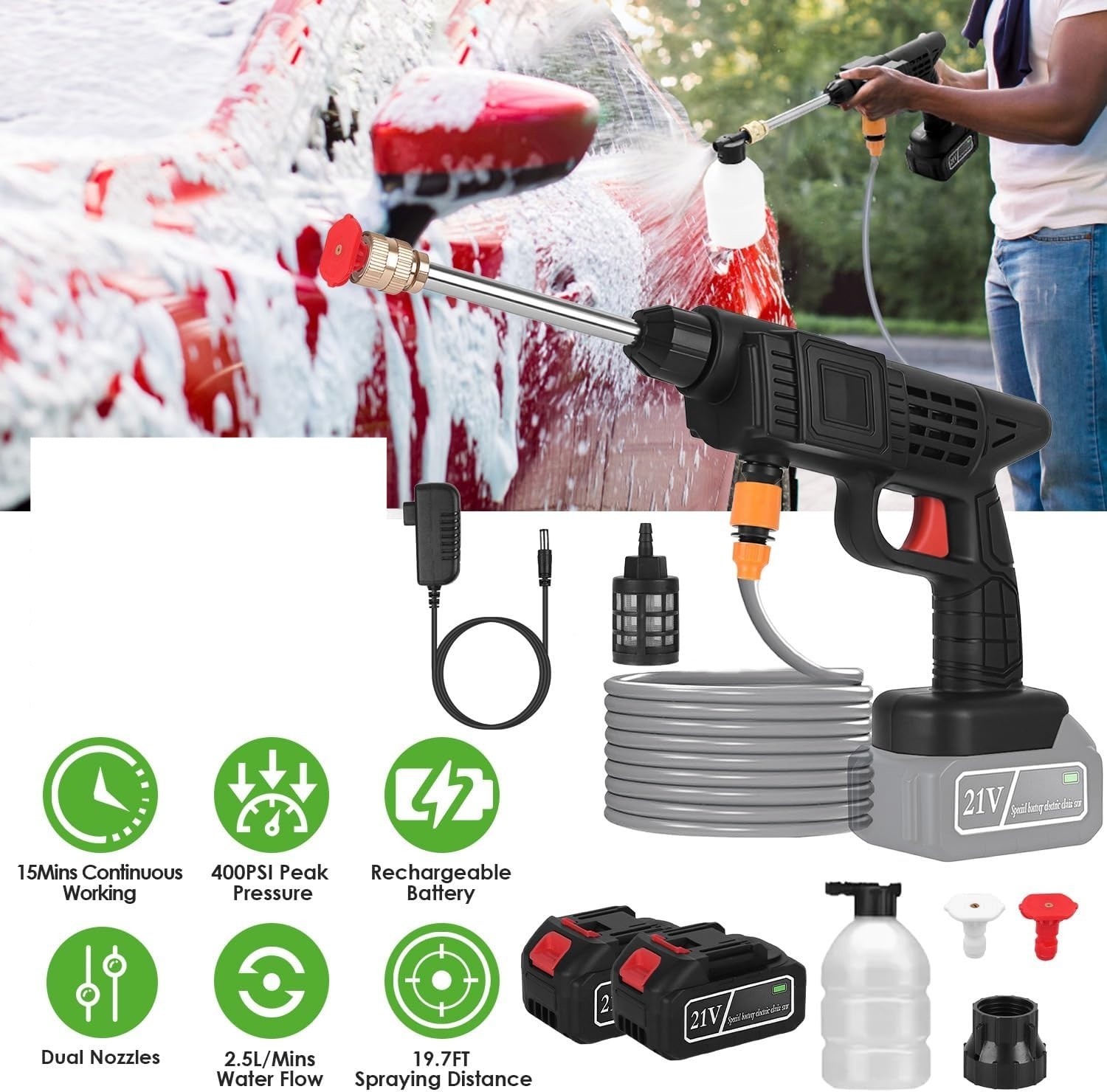Cordless Pressure Washer 400PSI, 300W Portable Power Washer with 2 Nozzles & Foa