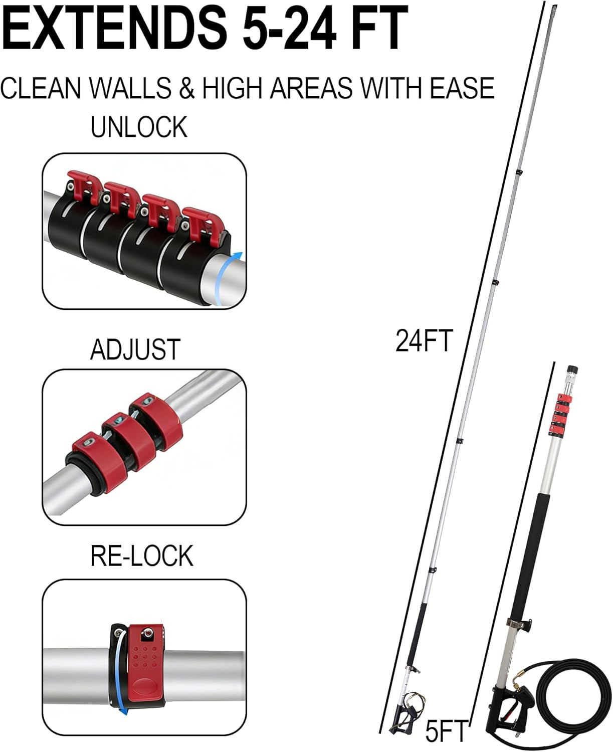 24 FT Telescoping Pressure Washer Wand, Power Washer Extension Wand with Brush H