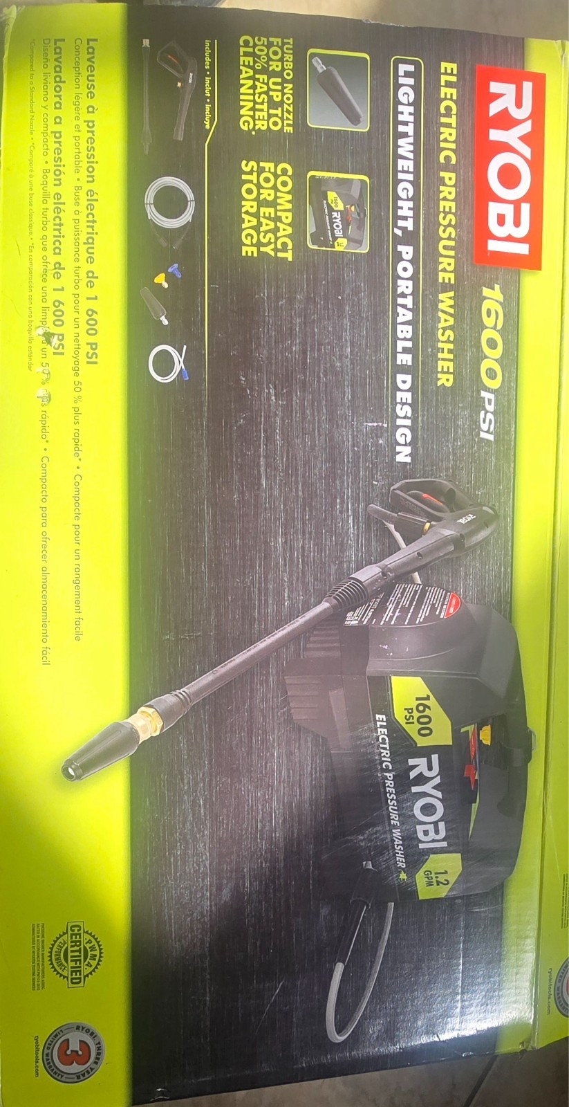 Ryobi RY141612 1600-PSI 1.2-GPM Electric Pressure Washer With 3 Tips