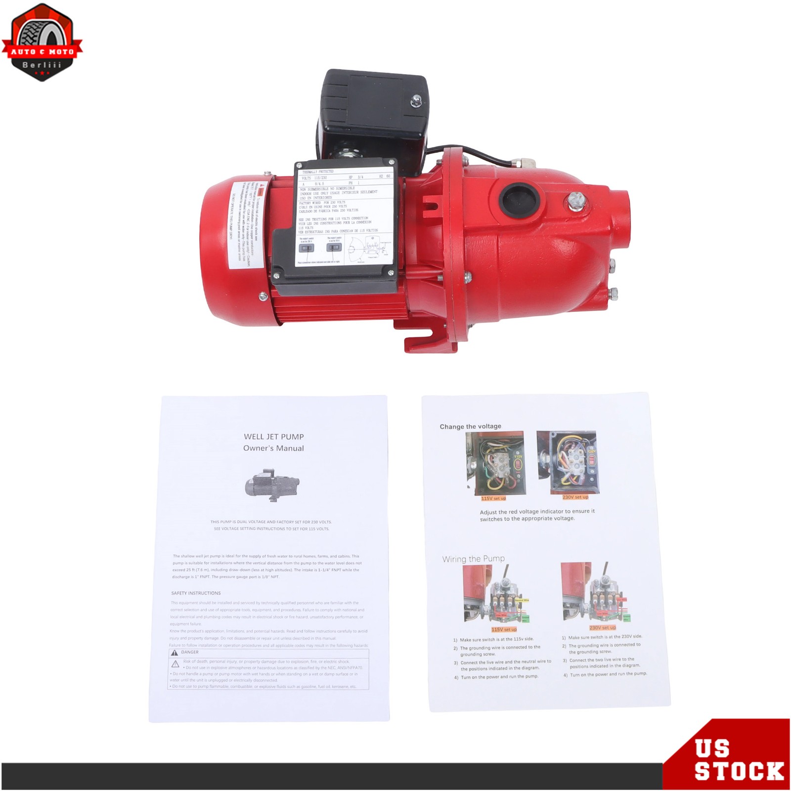 Cast Iron Shallow Well Jet Pump 3/4 HP 13 GPM, 115/230V Dual Voltage, Red