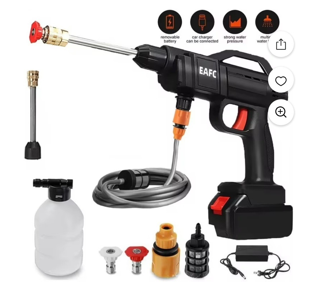 EAFC Cordless Battery Cold Water Pressure Washer Gun Kit Hose Nozzles Charger