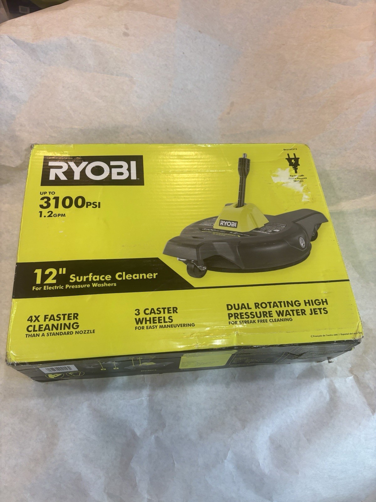 RYOBI Electric Pressure Washer Surface Cleaner w/Caster Wheels 12” 3100 psi