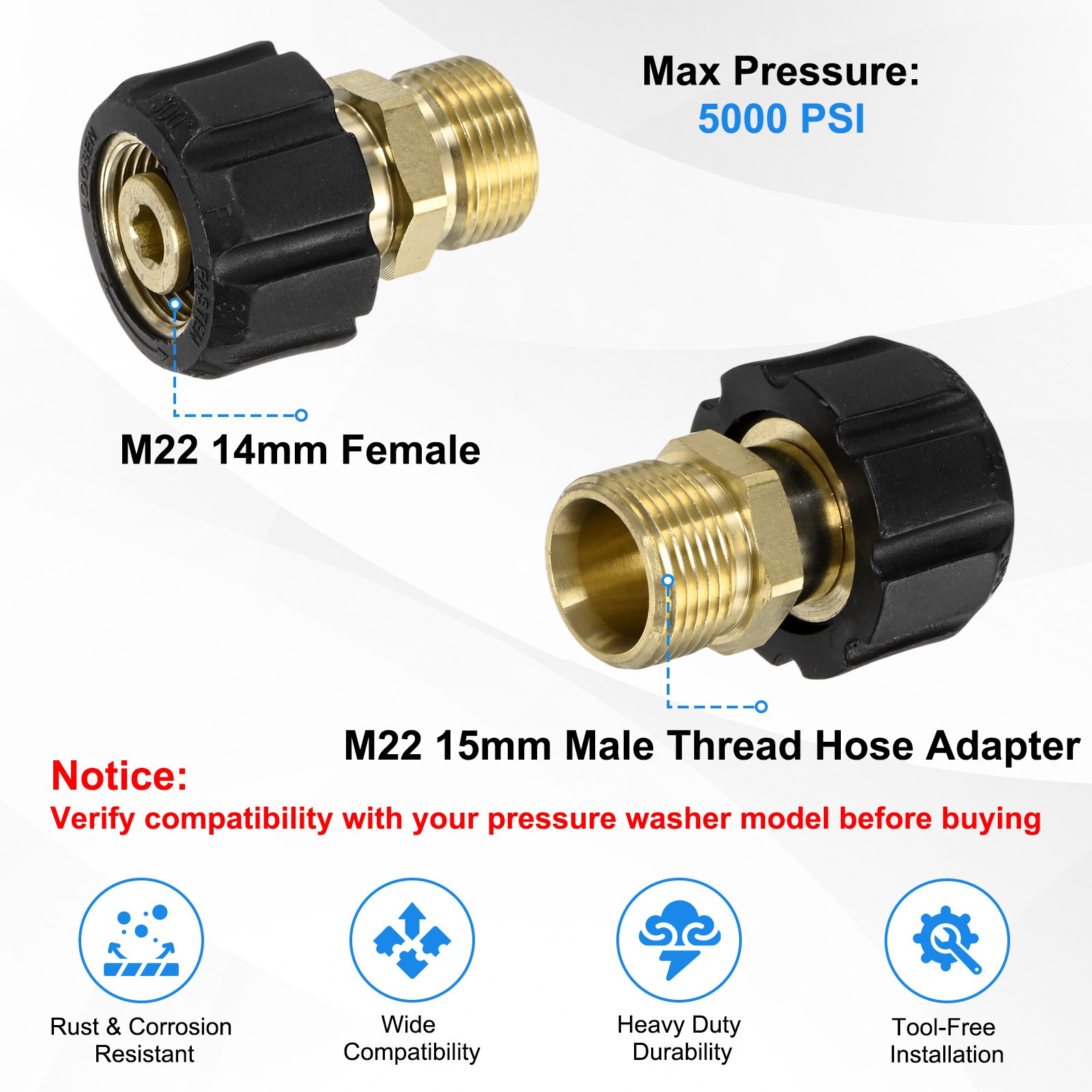1-Pack M22 14mm Female to M22 15mm Male Thread Pressure Washer Fittings
