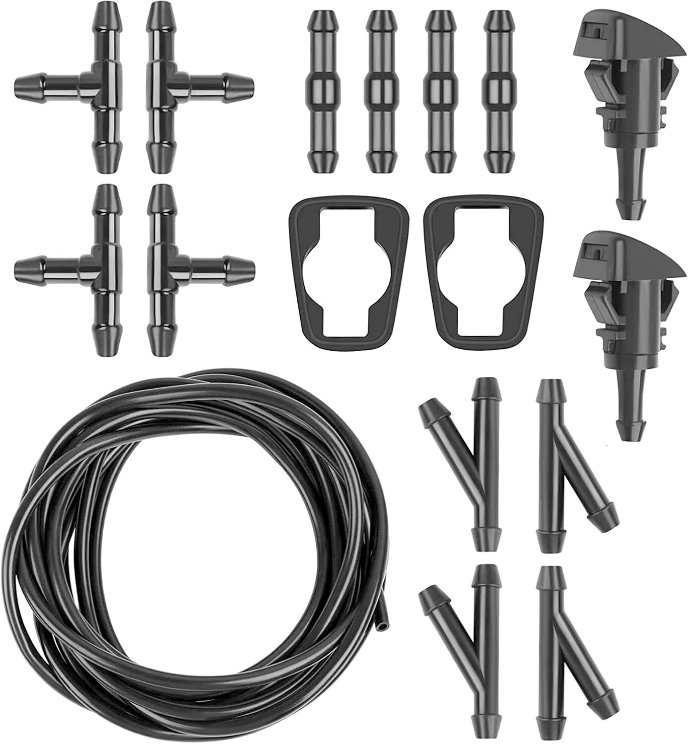 5M Windshield Washer Hose Kit with 12 Connectors, 2 Fan Nozzles & 2 Rubber Ga…