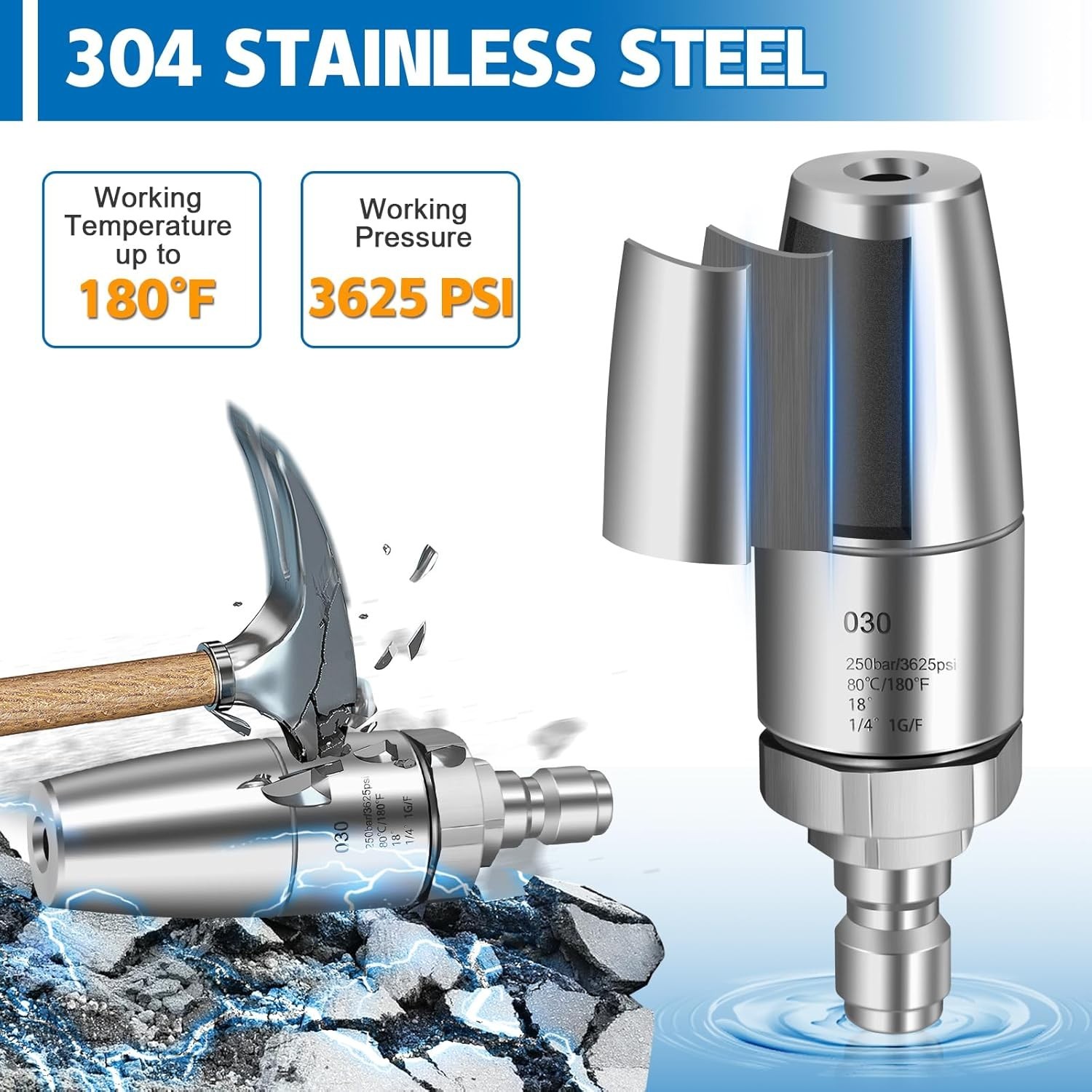 Stainless Steel Turbo Nozzle Pressure Washer, 360° Rotating Pressure Washer T…