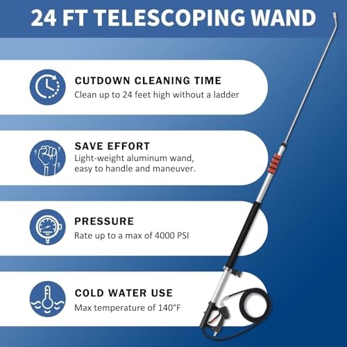 24FT Telescoping Pressure Washer Wand Kit – 2 Extension Poles, Gutter 24FT PRO