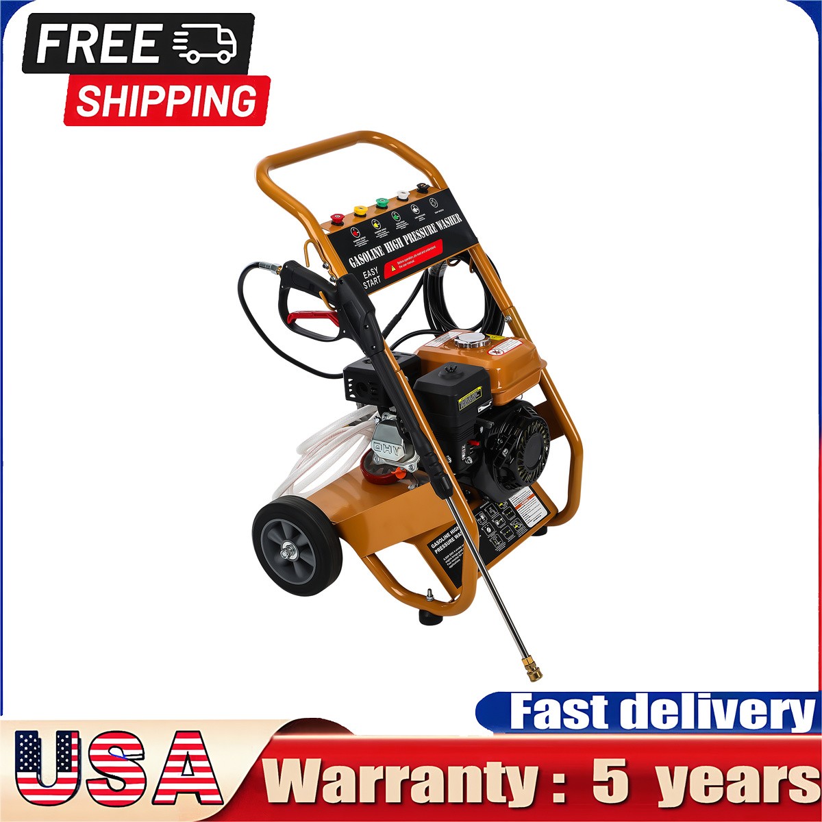 3950 PSI Gas Powered Washer 2.6 GPM 4-Stroke 5 Nozzles 3.6L Fuel Tank Orange