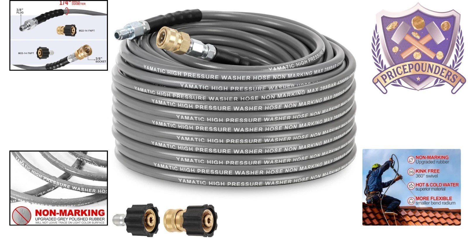 Pressure Washer Hose 50 FT Rubber Steel Wire Braided Non-Marking Cold Hot Water