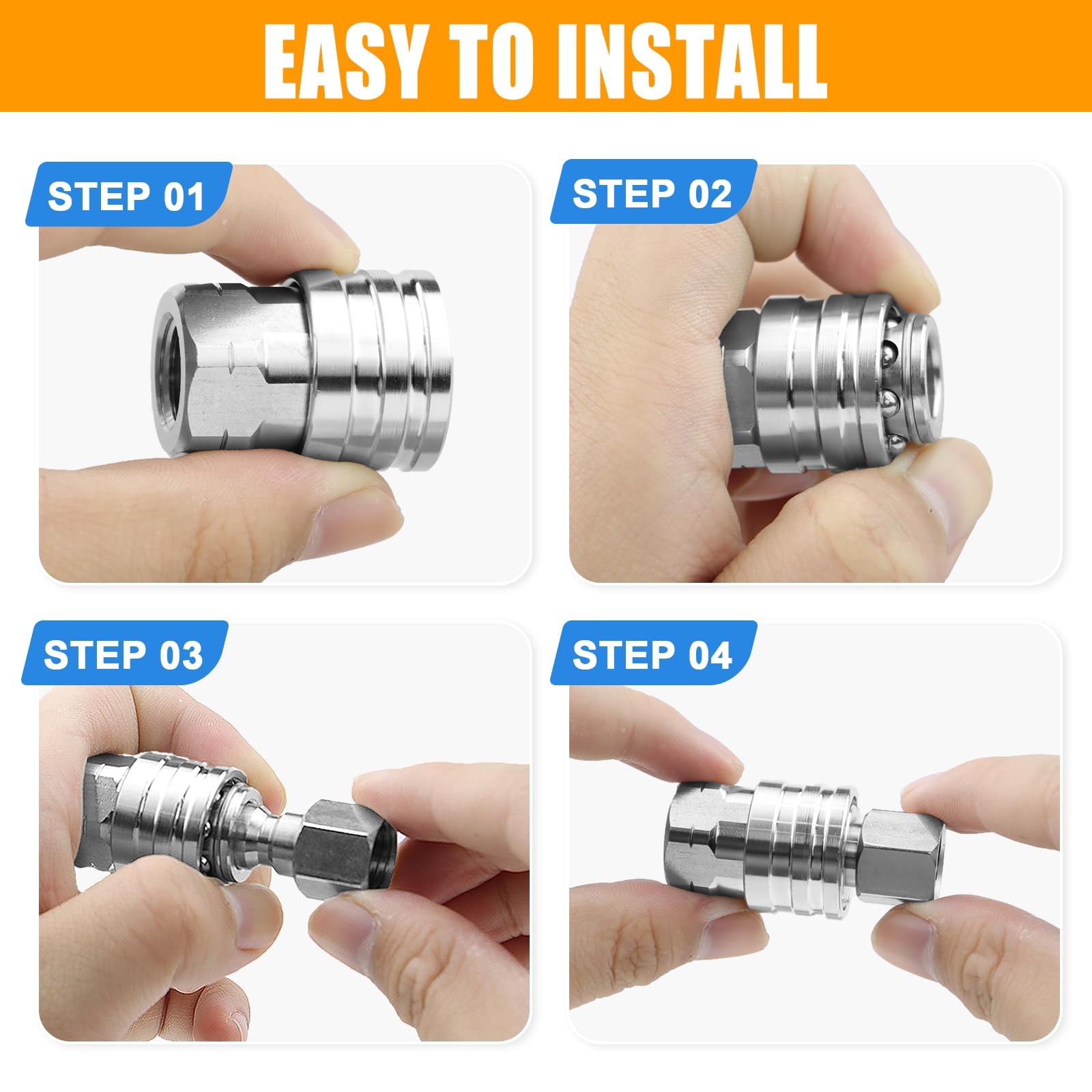 4 Pack 1/4 Inch Pressure Washer Quick Connect Fittings, Stainless Coupler Set