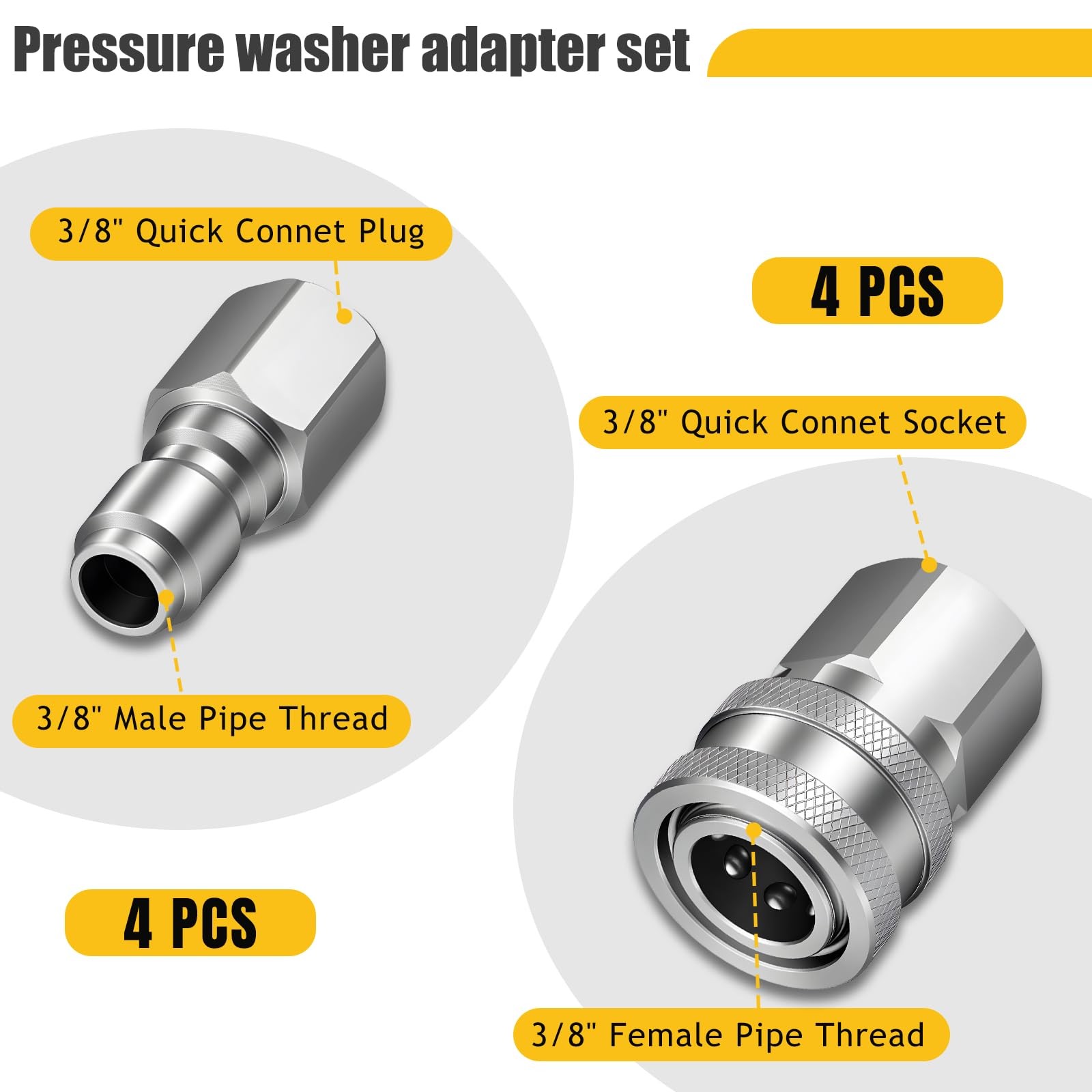 3/8 Inch Stainless Steel Quick Connector Kit Pressure Washer Adapter 4 Sets