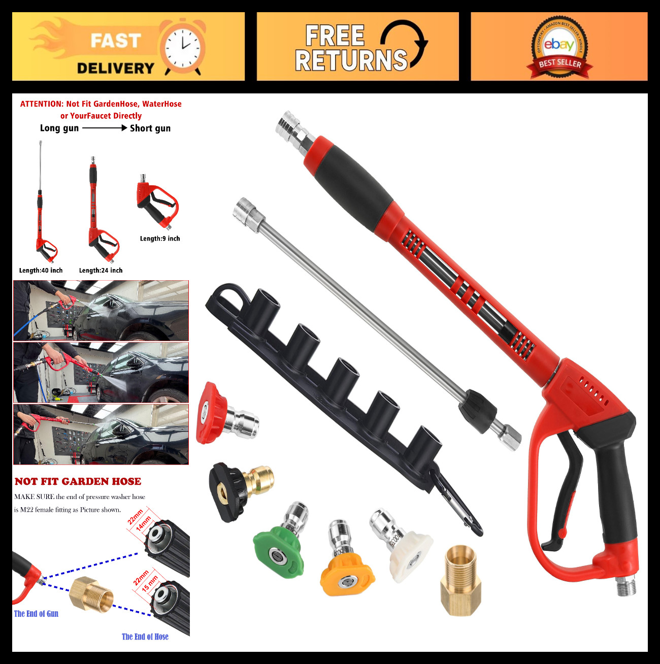 Deluxe Pressure Washer Gun with 40″ Wand Extension & 5 Nozzle Tips, 5000 PSI
