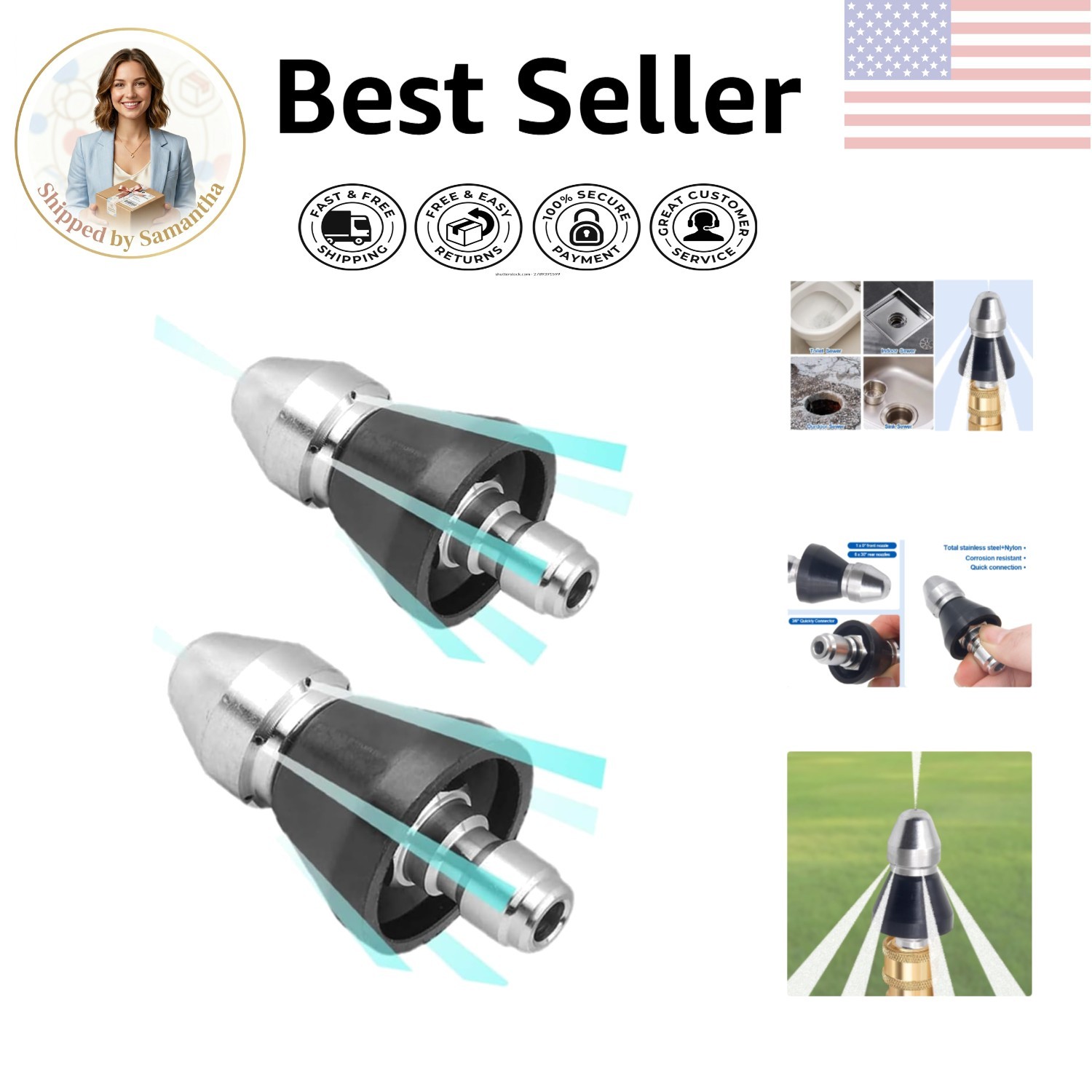 High-Pressure 3/8” Sewer Jet Nozzle Set – Sturdy 2-Piece Cleaning Solution