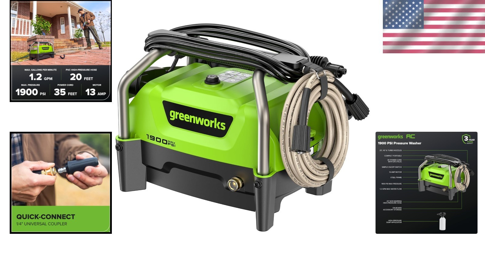 Lightweight 1900 PSI Compact Pressure Washer with Turbo Nozzle & 3-