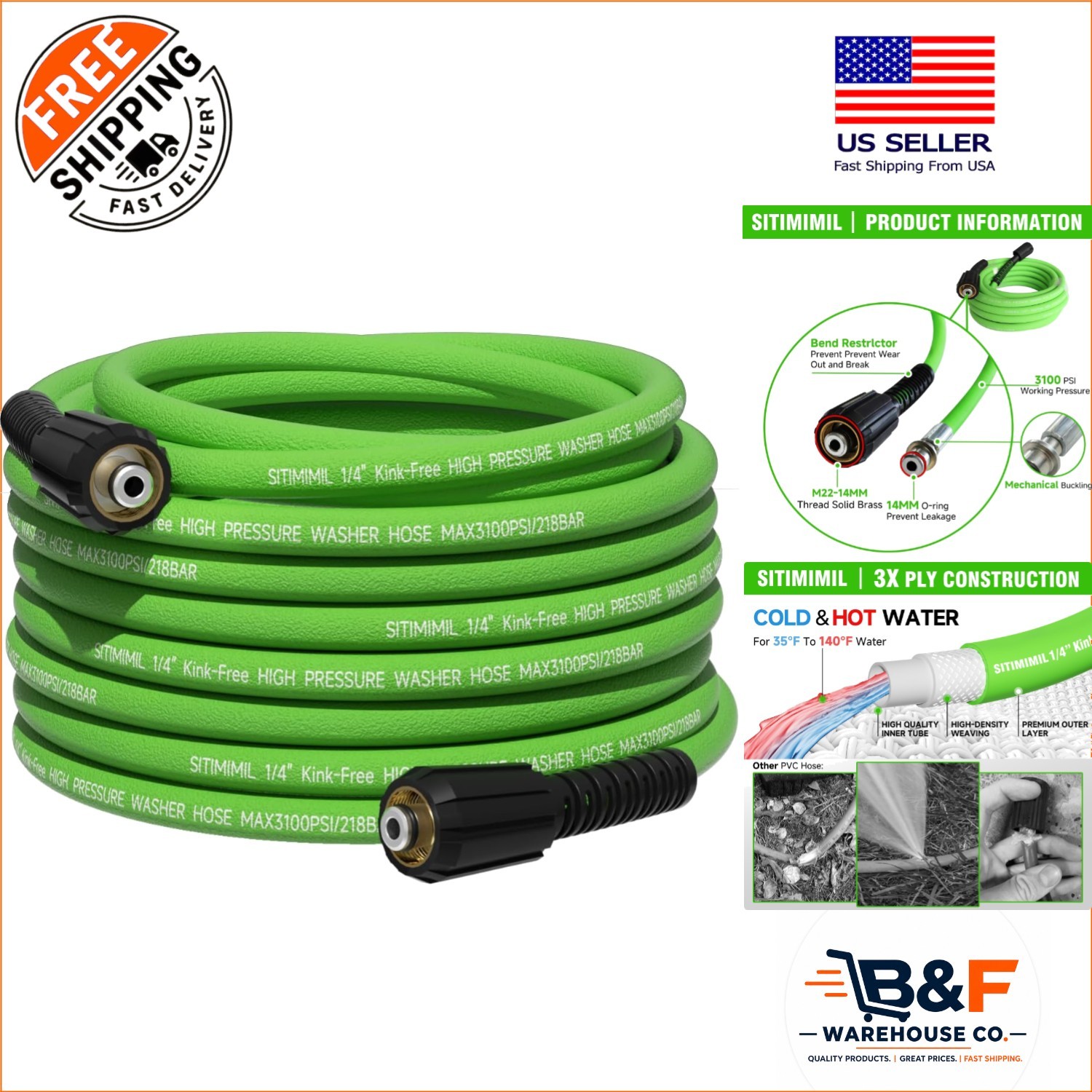 Professional 25 FT Kink Resistant Pressure Washer Hose – 3100 PSI Durability