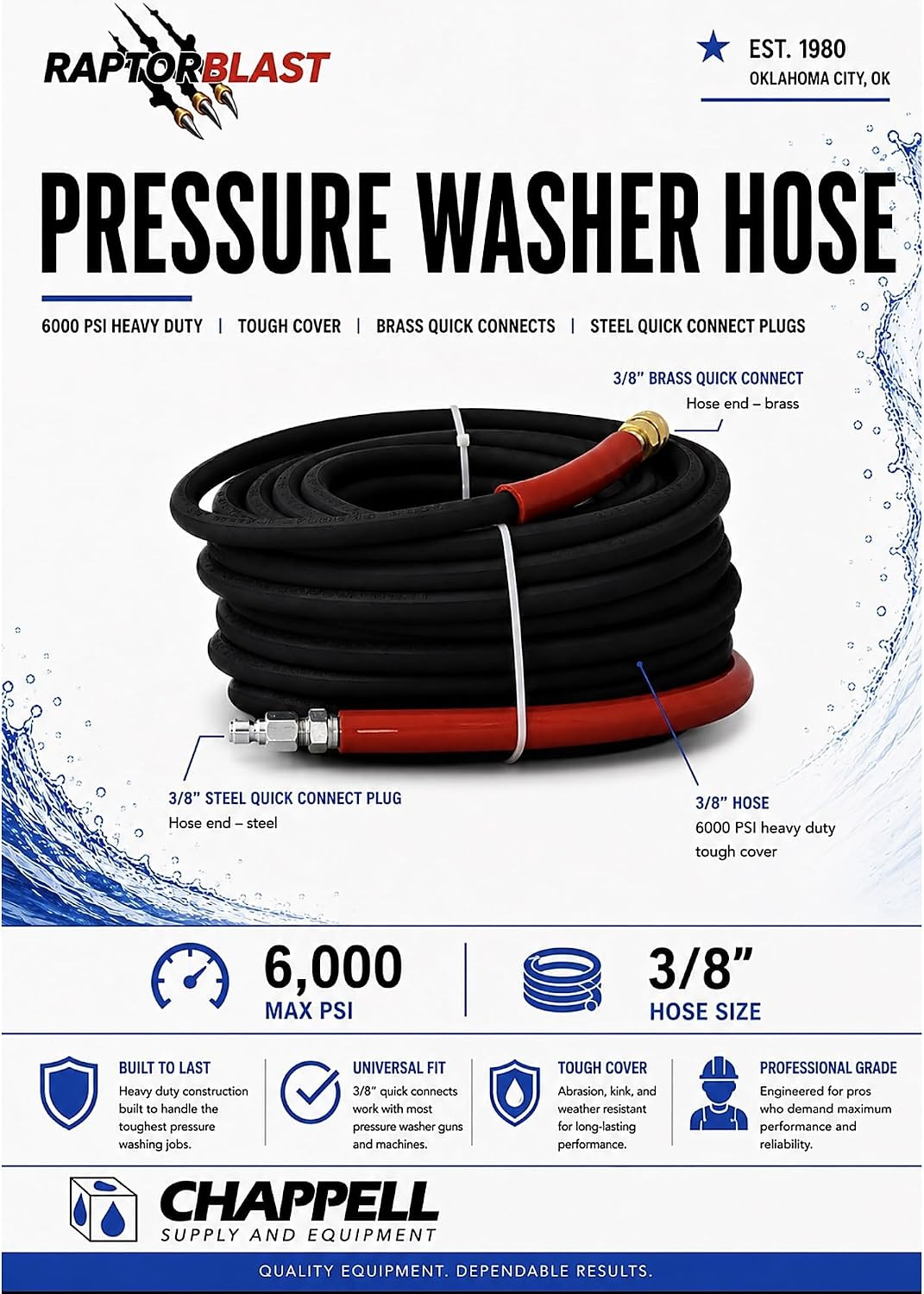 6000 PSI Pressure Washer Hose 3/8 in X 100 Ft Black 2-Wire | Double Wire Braid,