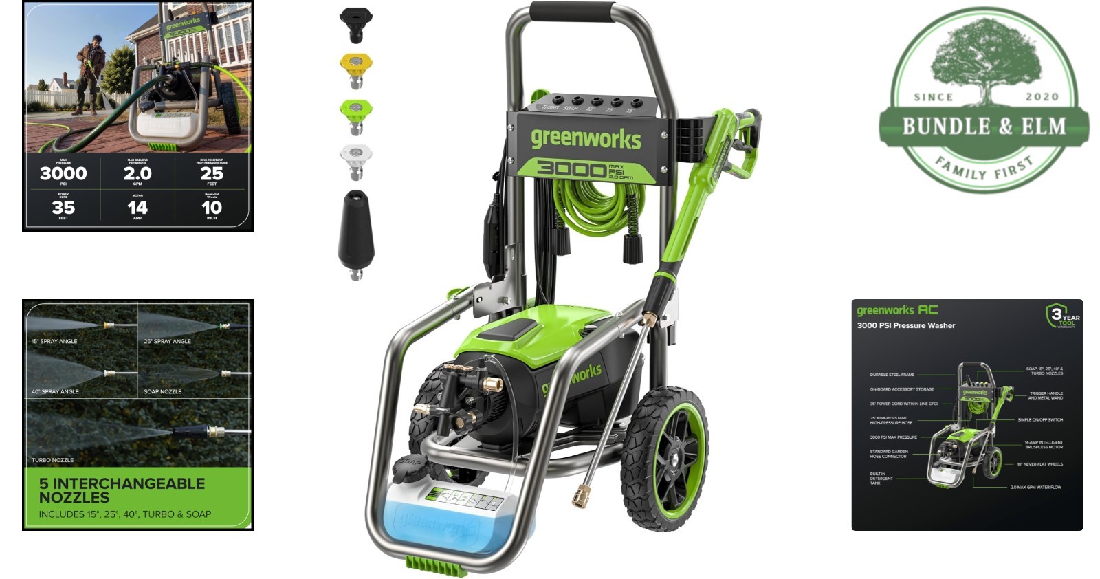 Electric Pressure Washer 3000 PSI 2.0 GPM with Rugged Steel Frame & Accessories