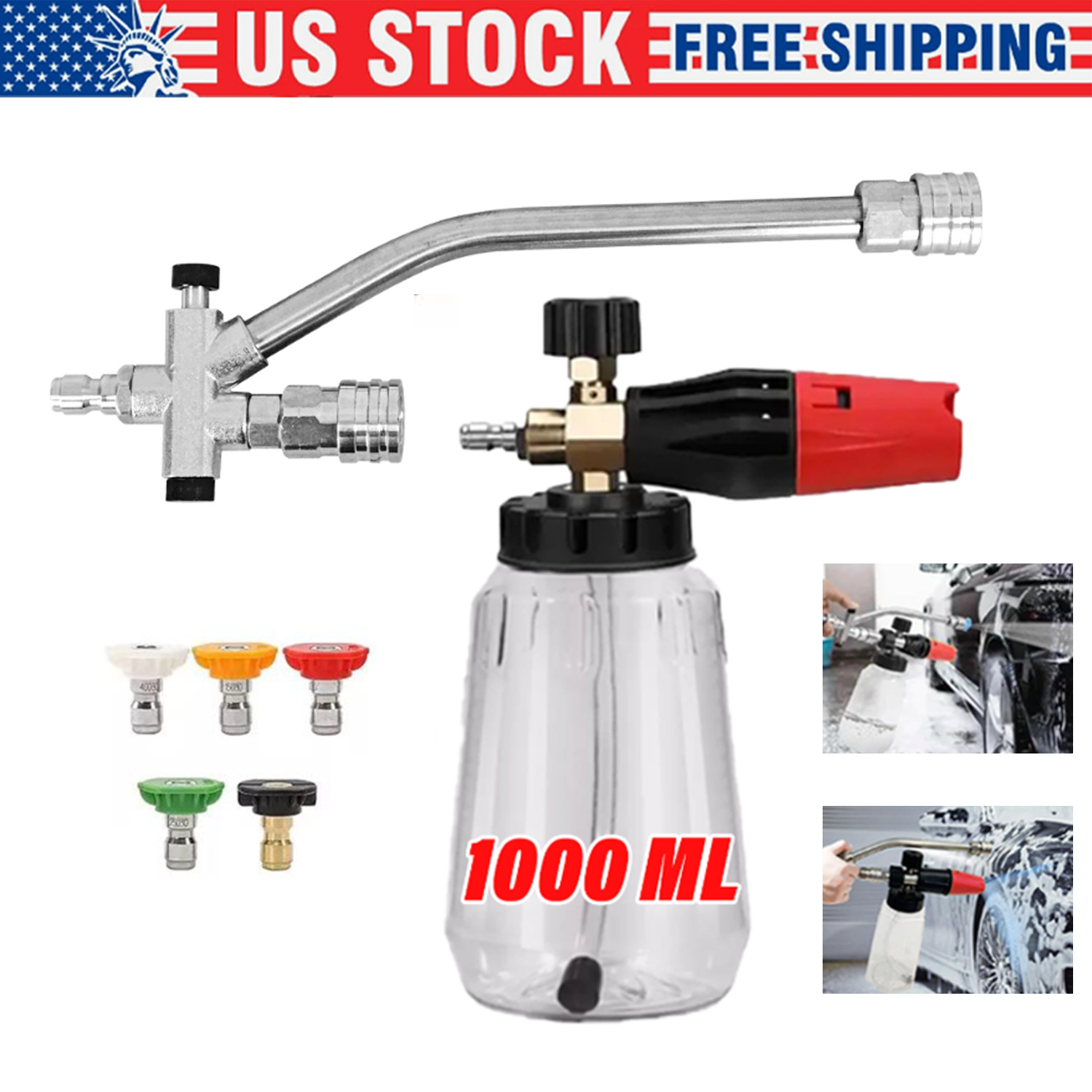1000ml Snow Foam Lance Cannon Soap Bottle Dual-Connector Accessory w/5 Nozzles