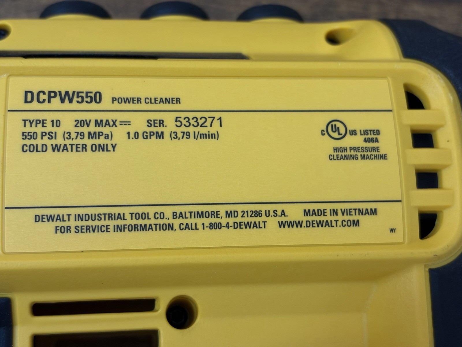DEWALT DCPW550B 20V MAX 550 PSI 1.0 GPM Cold Water Battery Powered Cleaner
