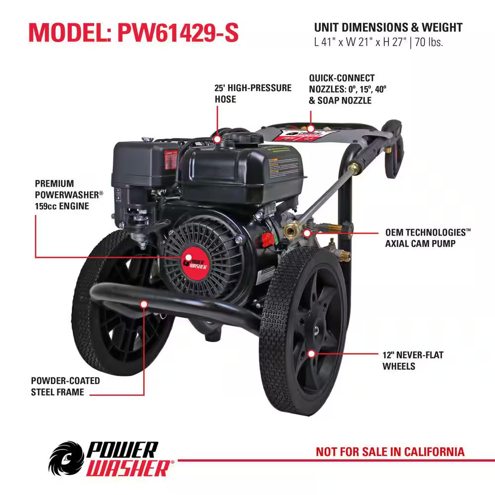 2900 PSI 2.4 GPM Gas Pressure Washer, Maintenance-Free Pump, Reliable Residentia