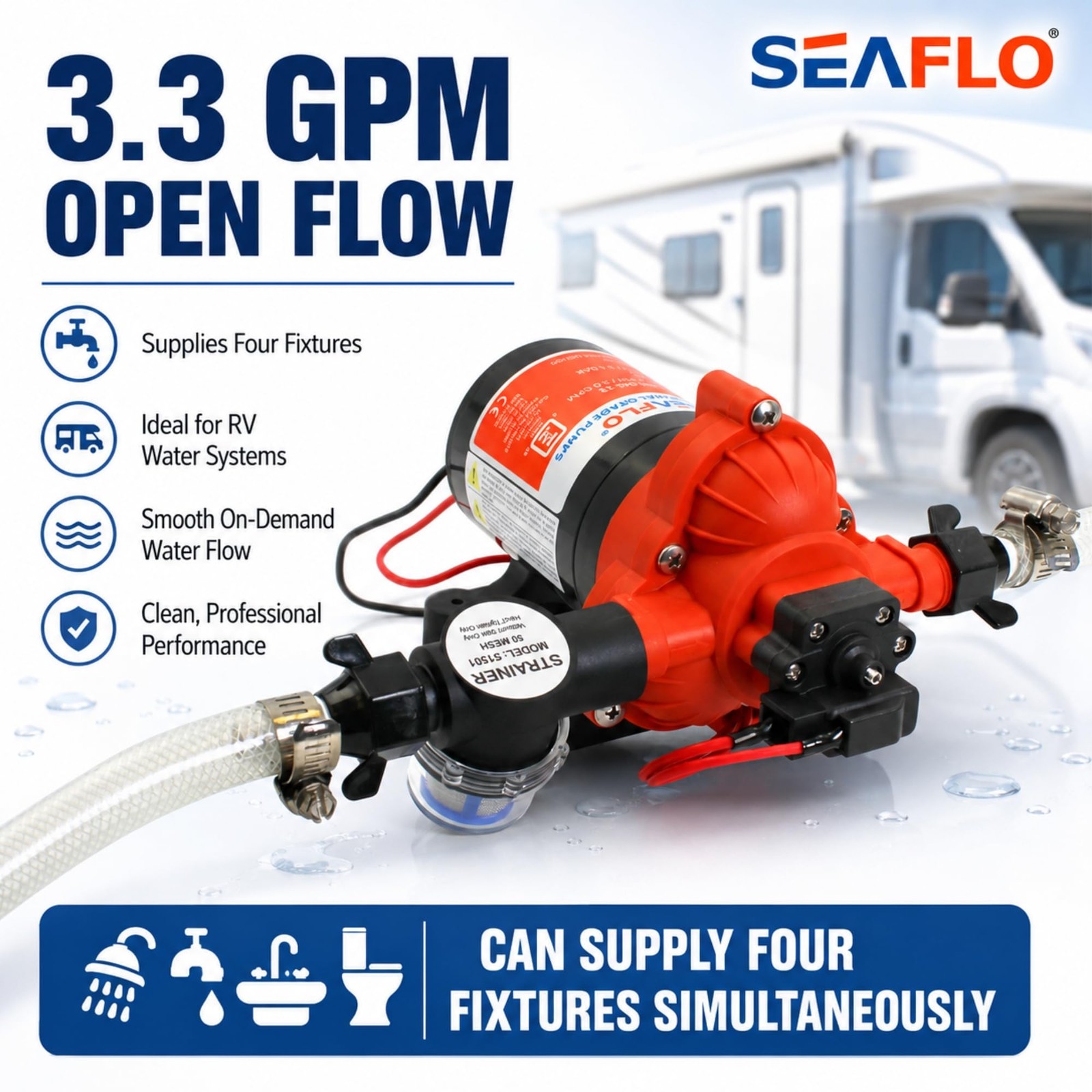 12V RV Water Pump 3 GPM 45 PSI Self Priming Diaphragm For Camper Boat Marine