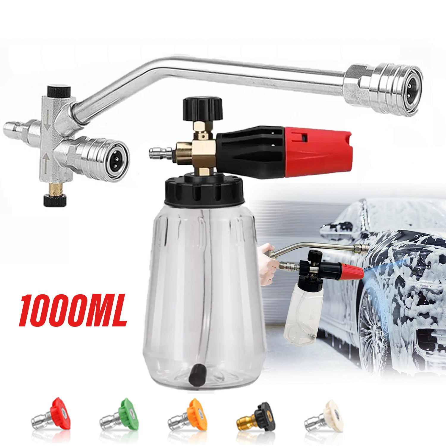 Foam Cannon Dual Connector Accessory & Pressure Washer Foam Cannon w/5 Nozzles