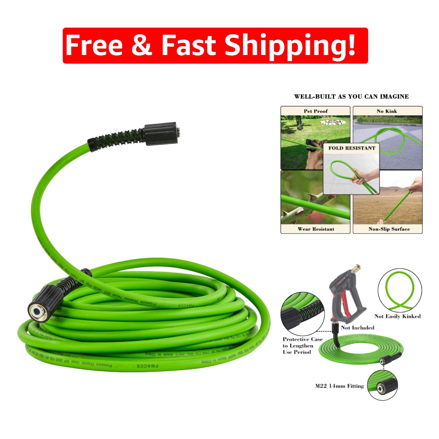 1/4″ x 25 FT Flexible Power Washer Hose – 3600 PSI, Lightweight & Kink-Resistant