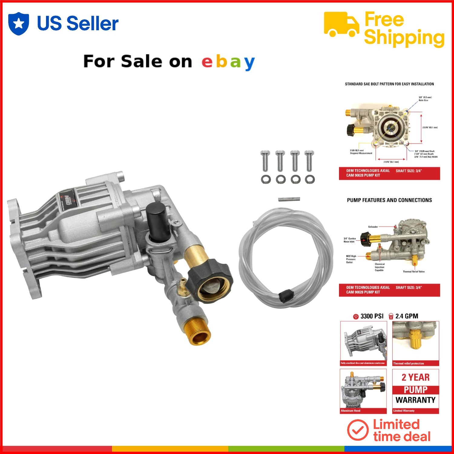 Pressure Washer Pump Kit OEM Aluminum 3300 PSI 2.4 GPM Horizontal Use