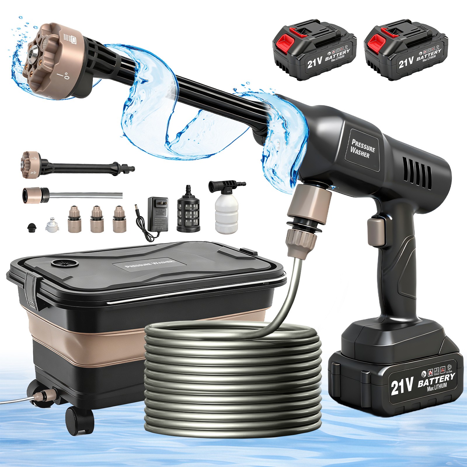 1160PSI Cordless Pressure Washer Gun 3Water Supply 2*4.0ah Batteries 6in1 Nozzle