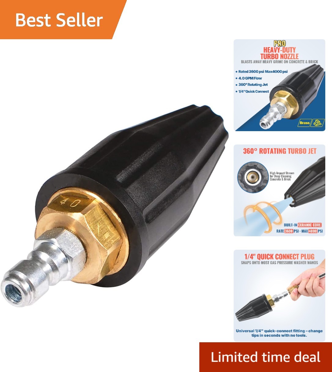 3600 PSI Turbo Nozzle with 360° Rotation for High-Efficiency Power Washing