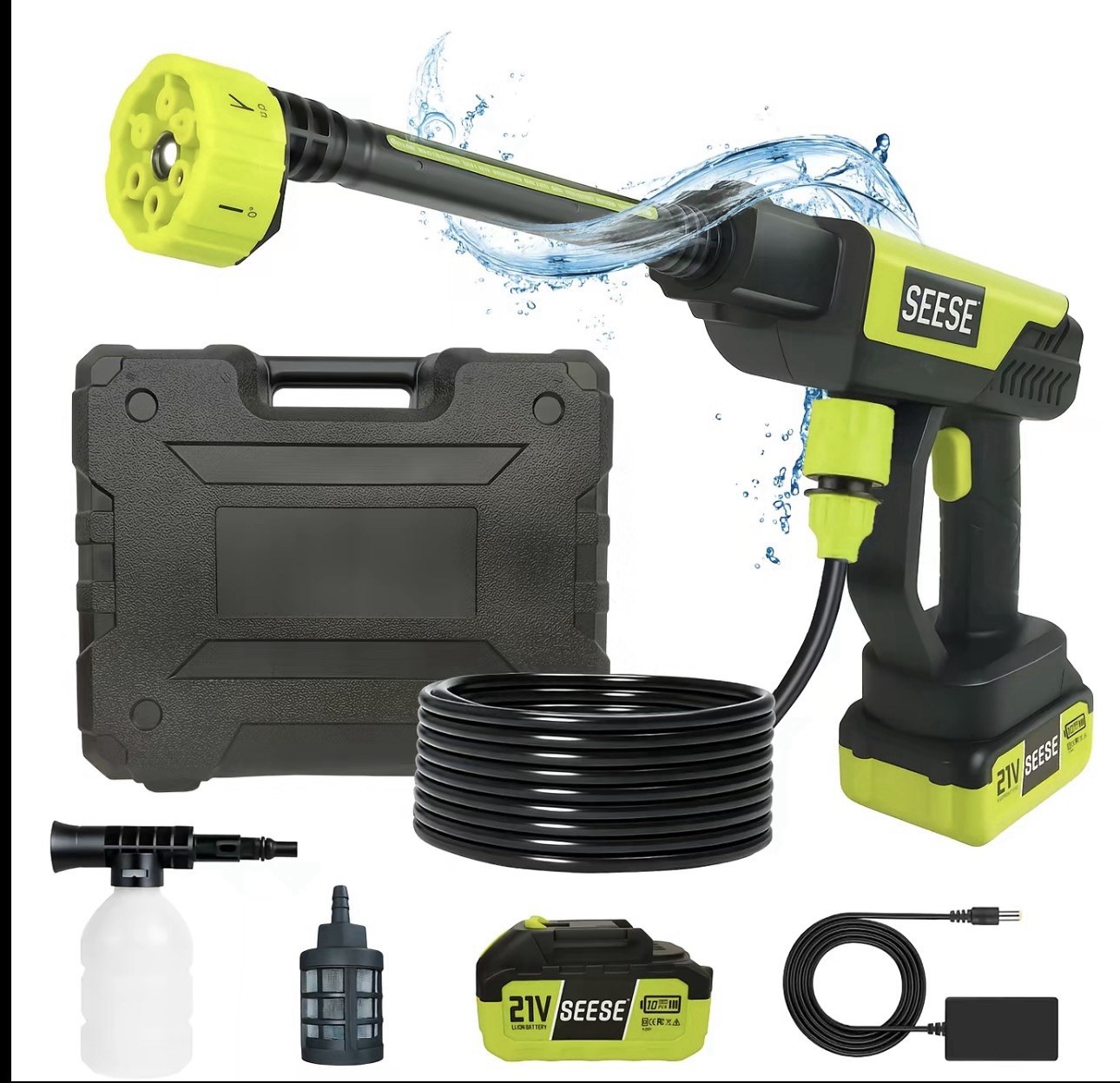 SEESE 21V Cordless Portable Pressure Washer 1000 PSI Water Gun Kit Battery