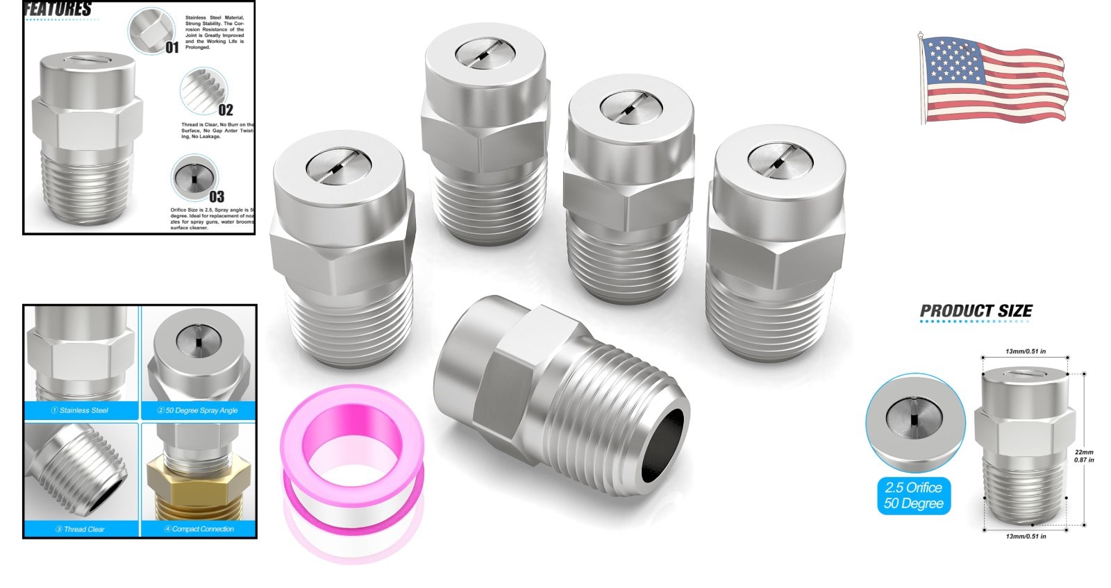 Effortless Cleaning: 50 Degree Stainless Steel Surface Cleaner Nozzles – 5-Pack