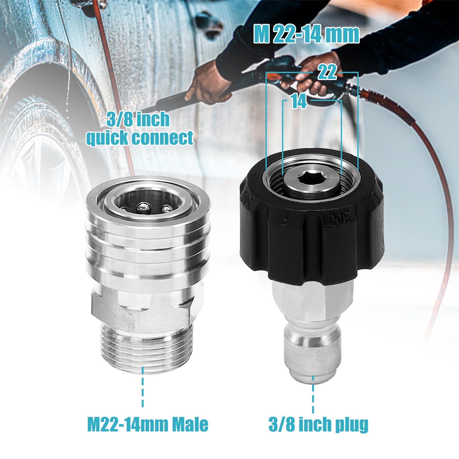 8 PCS Stainless Steel Pressure Washer Adapter Set M22 14mm To 3/8 Inch Kit