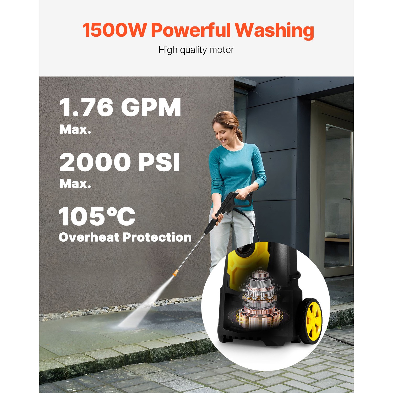 VEVOR Electric Pressure Washer High Pressure Washer 2000PSI 1.76GPM w/ Hose Reel