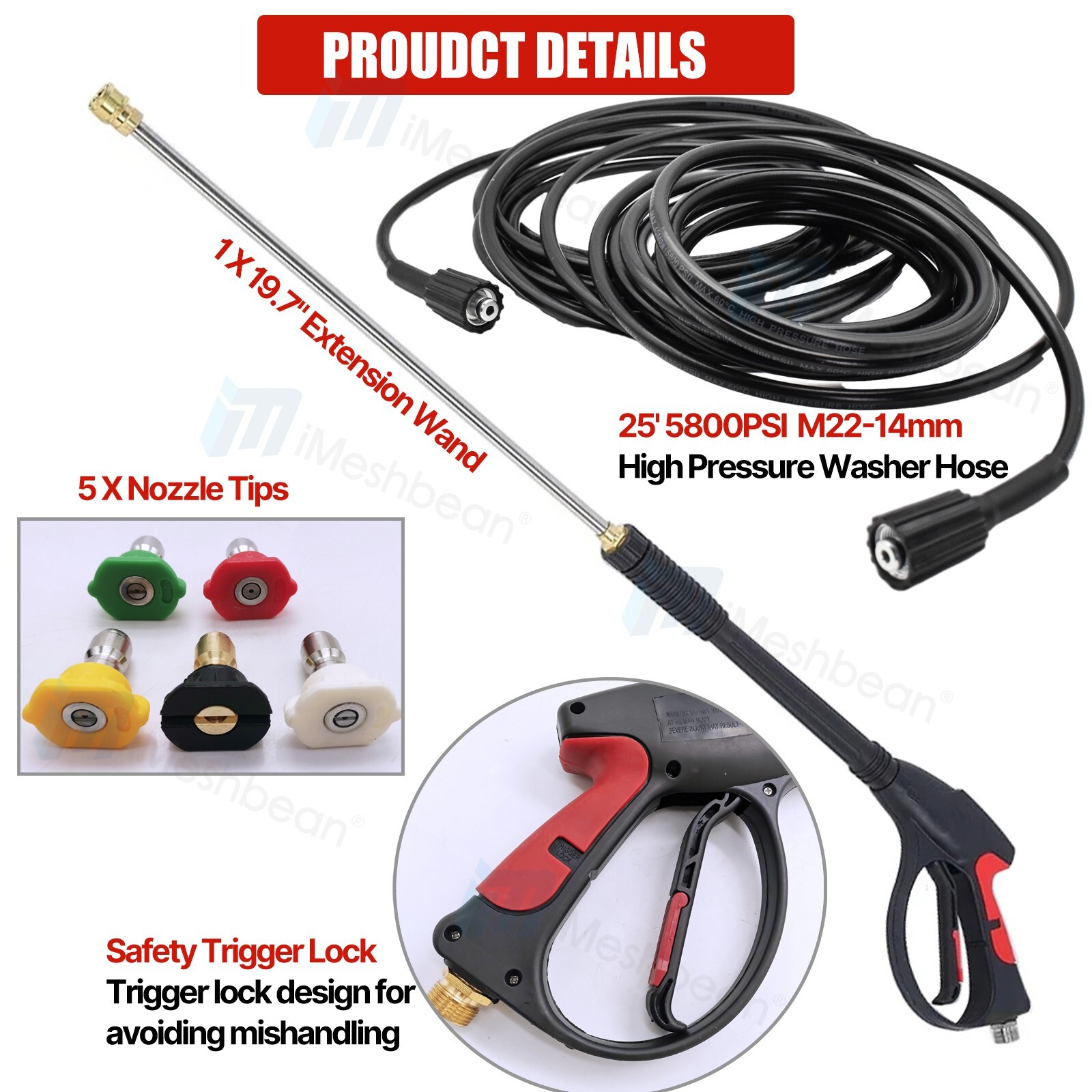 5800PSI High Pressure Power Washer Spray Gun Wand Lance Nozzle Tips Hose Kit M22