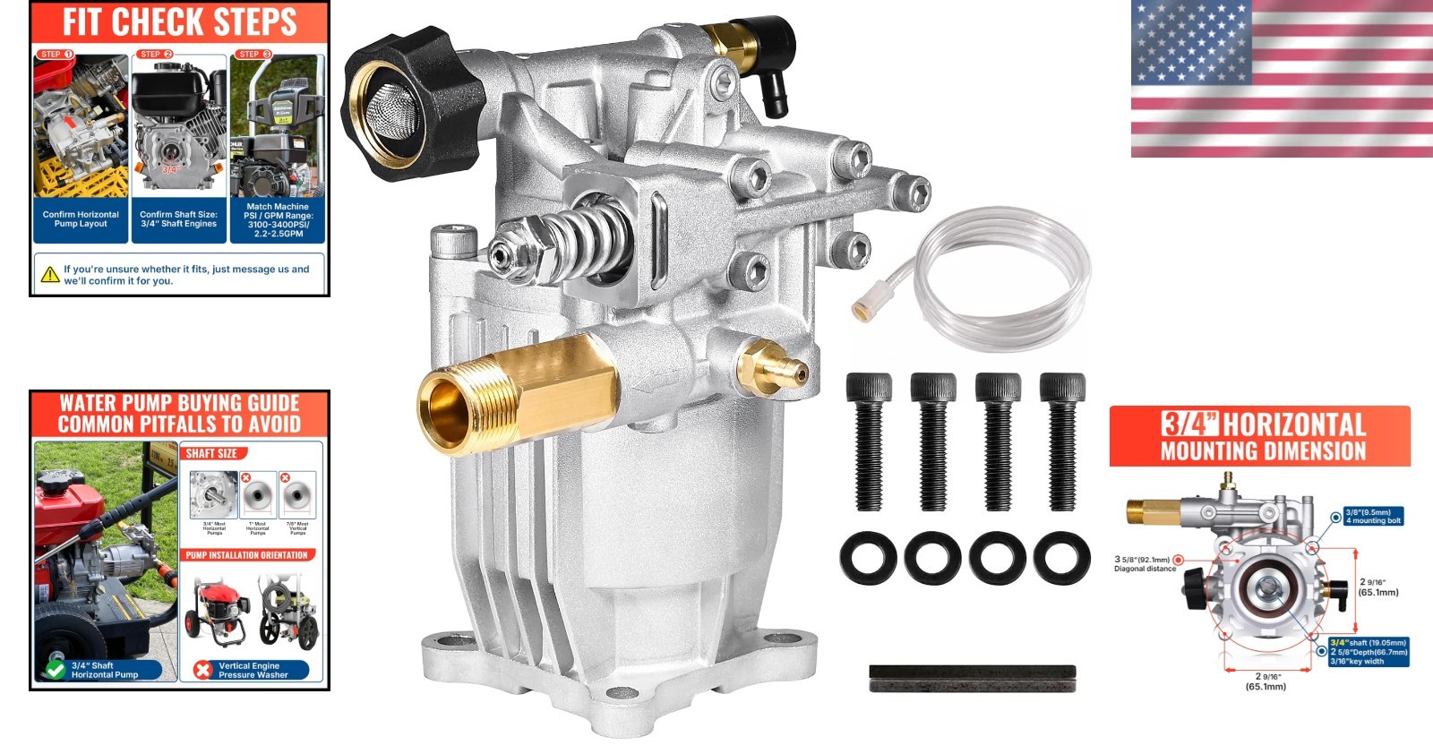 Pressure Washer Pump 3/4in 3400 PSI 2.5 GPM Replacement for Gas Power Washers