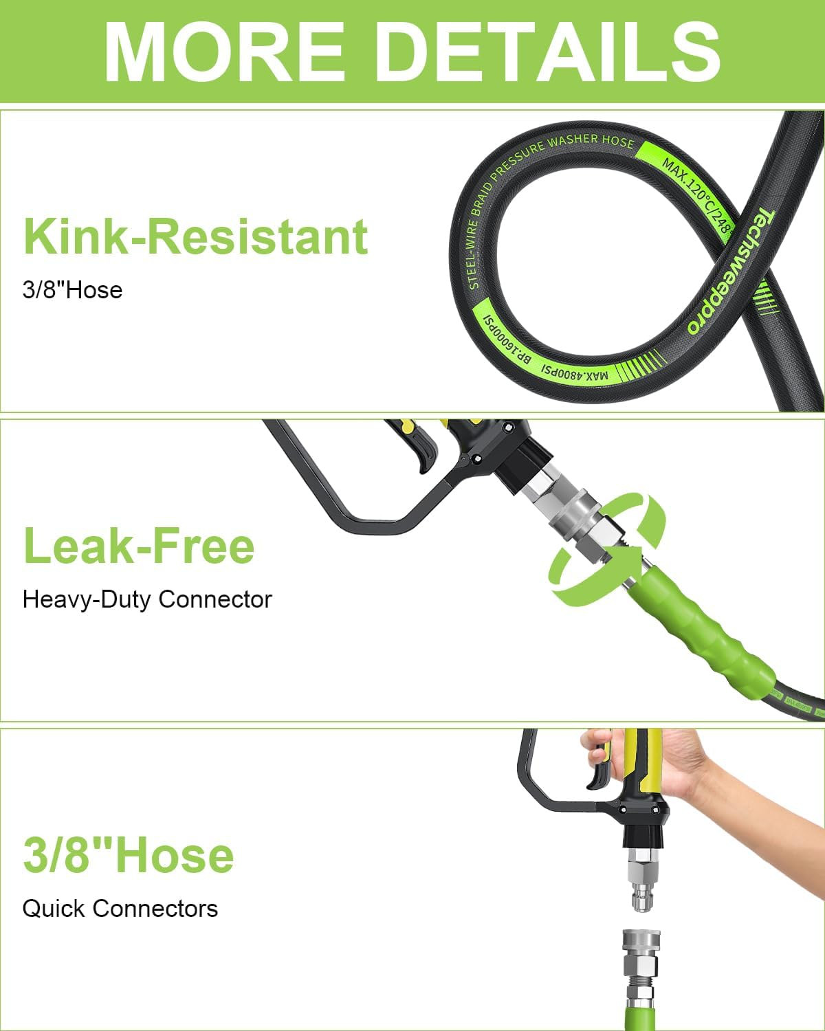 4800PSI Pressure Washer Hose 25FT with 3/8″ Swivel Quick Connect for Cold/Hot Wa