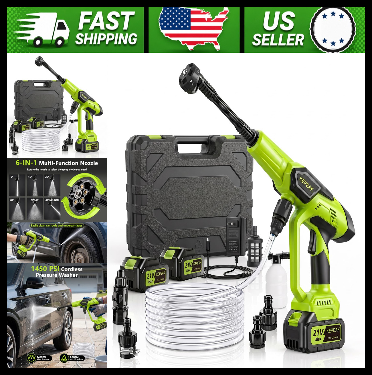 Cordless Portable Pressure Washer with 2 Batteries and 6-in-1 Nozzle