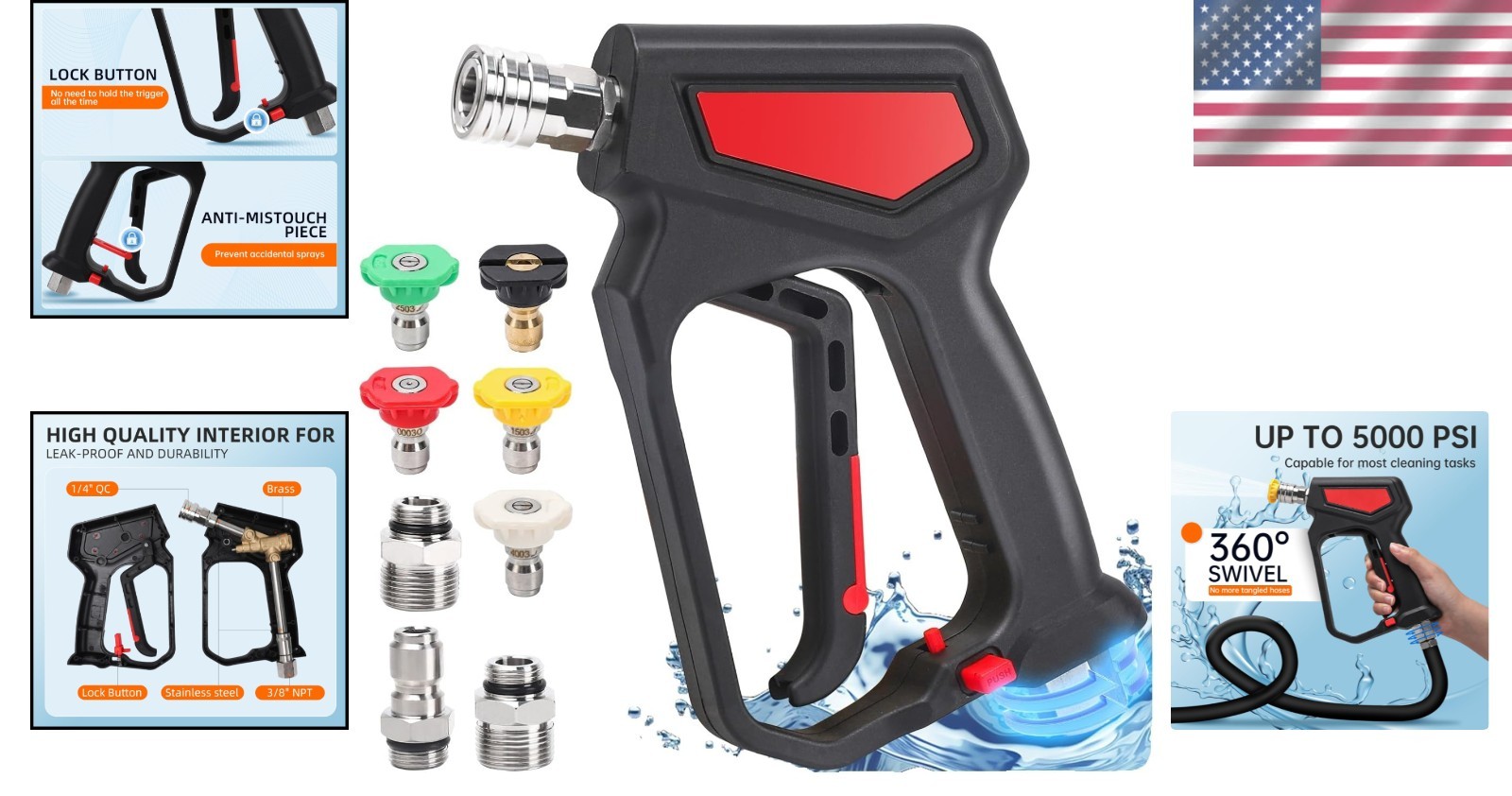 Stainless Steel Pressure Washer Gun – Swivel Design & 5 Interchangeable Nozzles