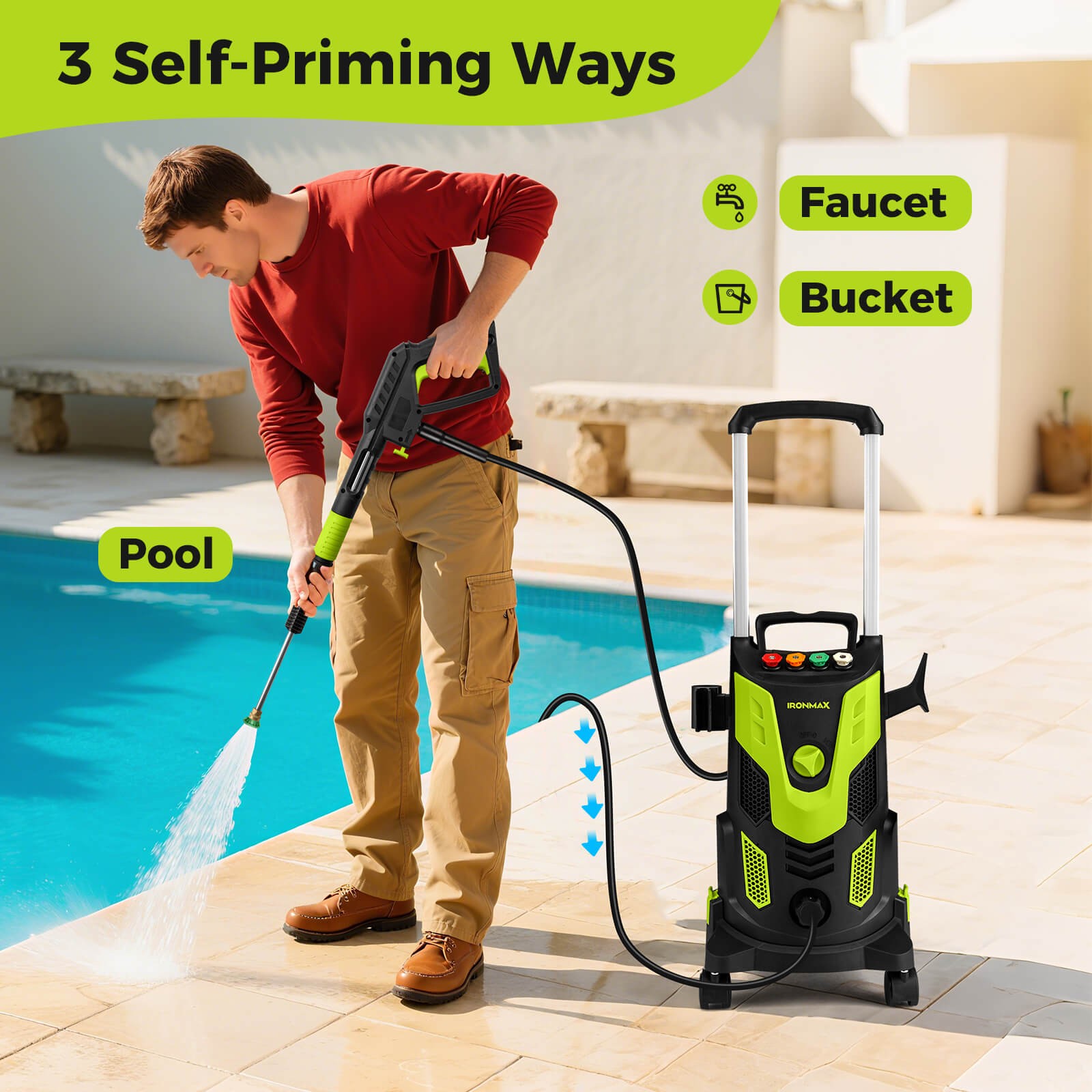 Electric Pressure Washer w/ 4 Nozzles & Soap Bottle Lockable Wheels for Cleaning