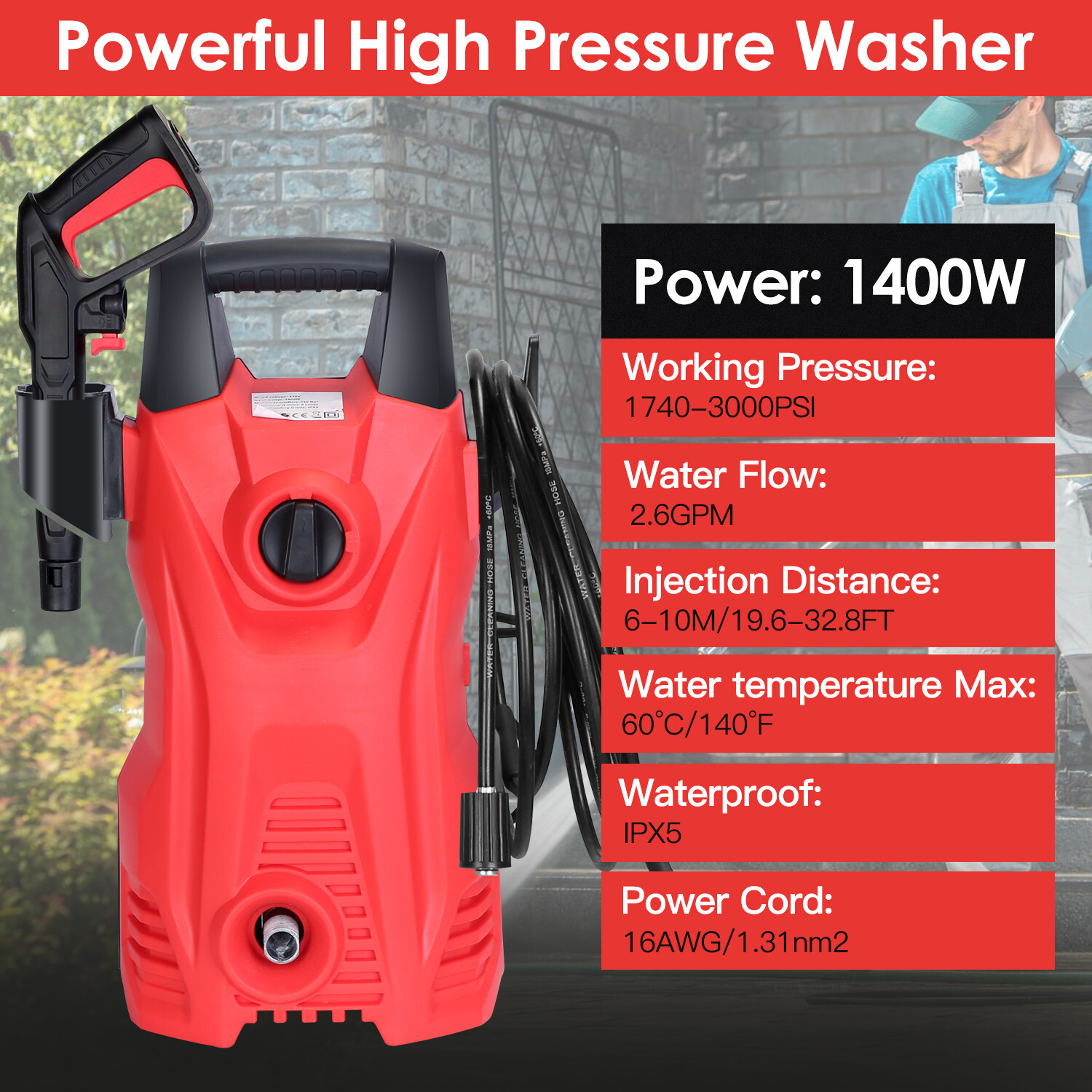 3000PSI Electric High Pressure Washer Machine 2.6GPM Patio Cleaner w/ Nozzle&Gun
